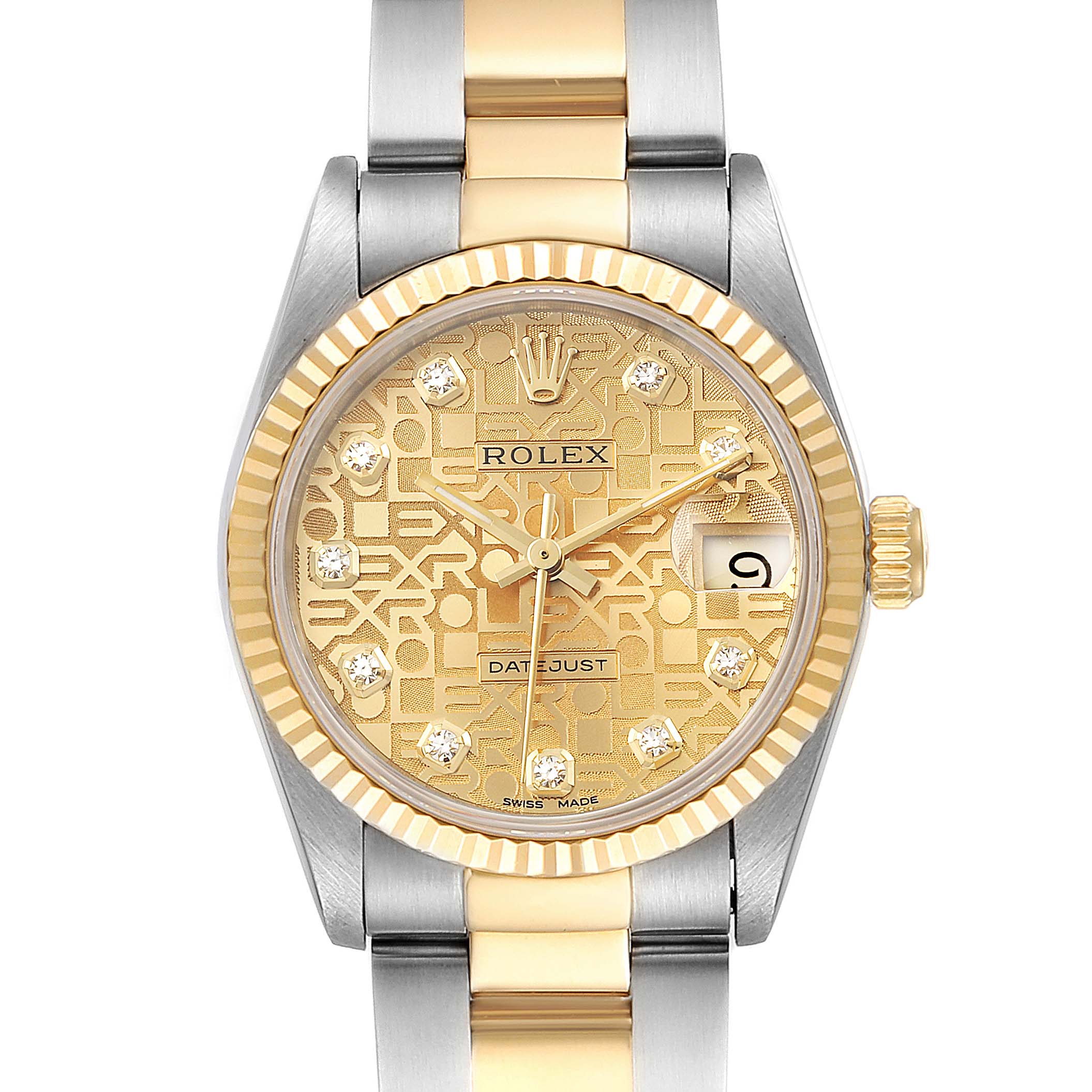 The Rolex Mid-Size 68273 Women's Steel and Gold (two tone) Champagne Dial 68273 Women's Steel and Gold (two tone) Champagne Dial watch is shown from a top-down angle, displaying the dial, bezel, crown, and part of the bracelet.