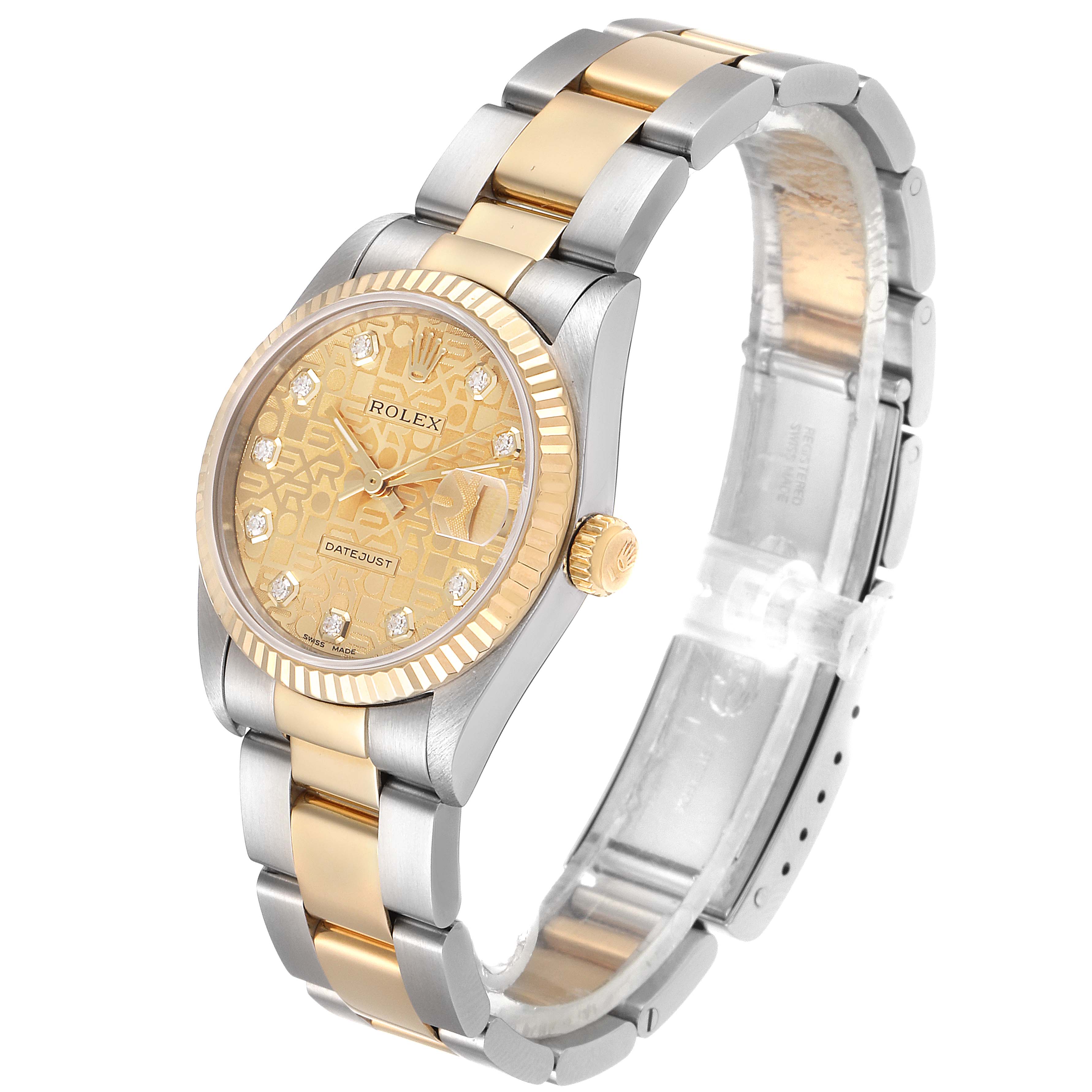 The Rolex Mid-Size 68273 Women's Steel and Gold (two tone) Champagne Dial 68273 Women's Steel and Gold (two tone) Champagne Dial model watch is shown at an angle highlighting the face, gold bezel, and two-tone bracelet.