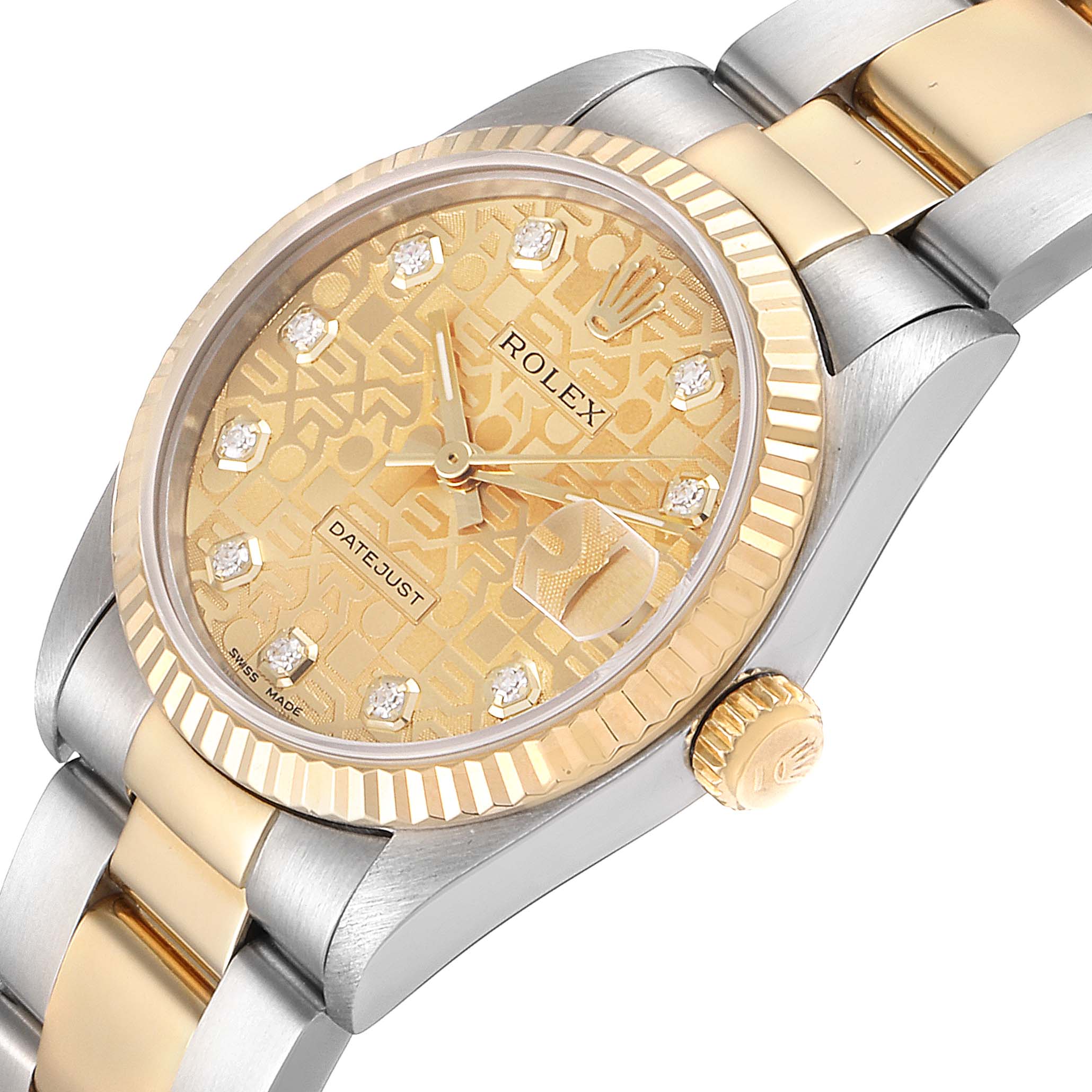 The image shows a close-up, side-angle view of a Rolex Mid-Size 68273 Women's Steel and Gold (two tone) Champagne Dial 68273 Women's Steel and Gold (two tone) Champagne Dial Datejust watch, highlighting the face, bezel, and band.