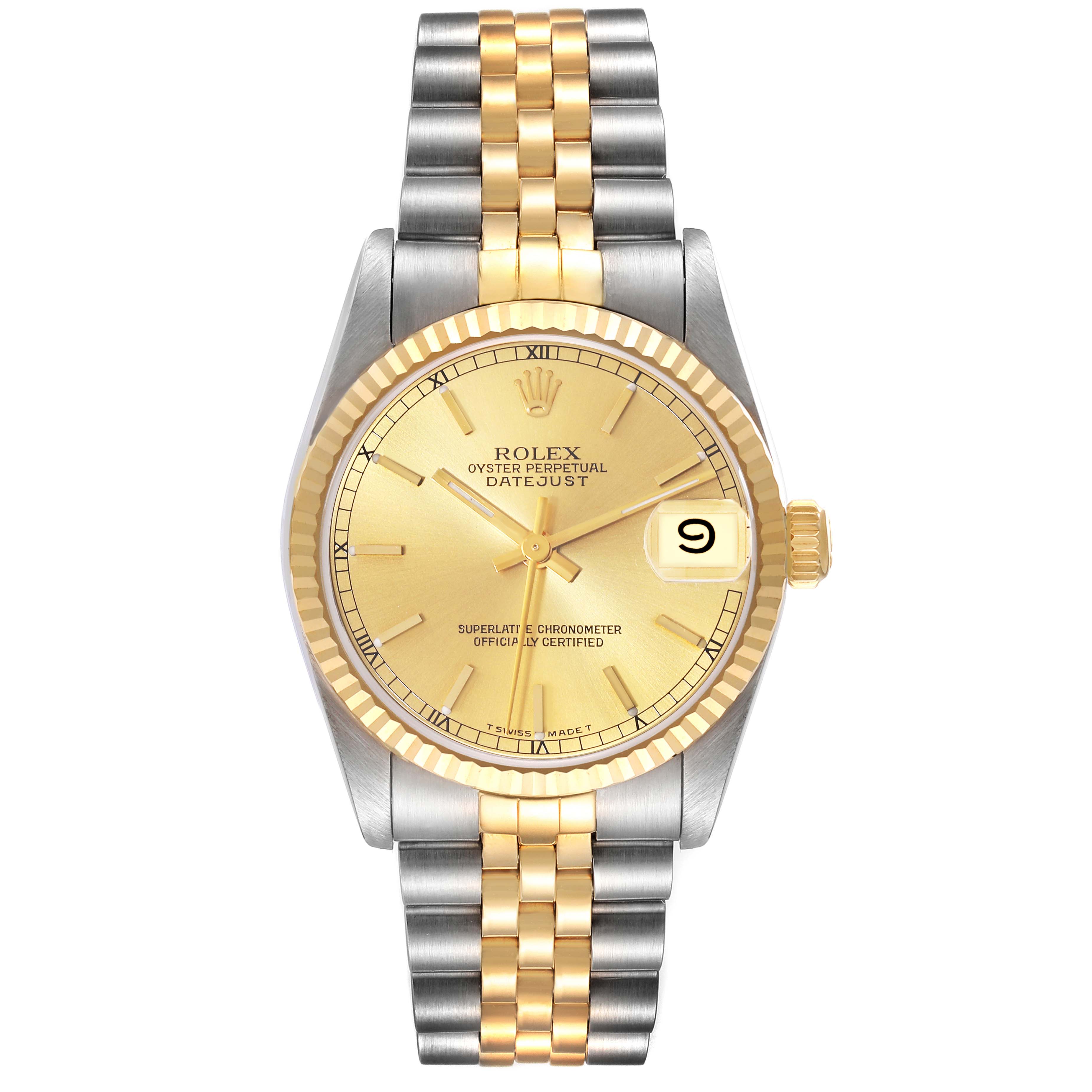 The image shows a front view of a Rolex Datejust Mid-Size watch with a gold dial, two-tone bracelet, and date display at 3 o'clock.