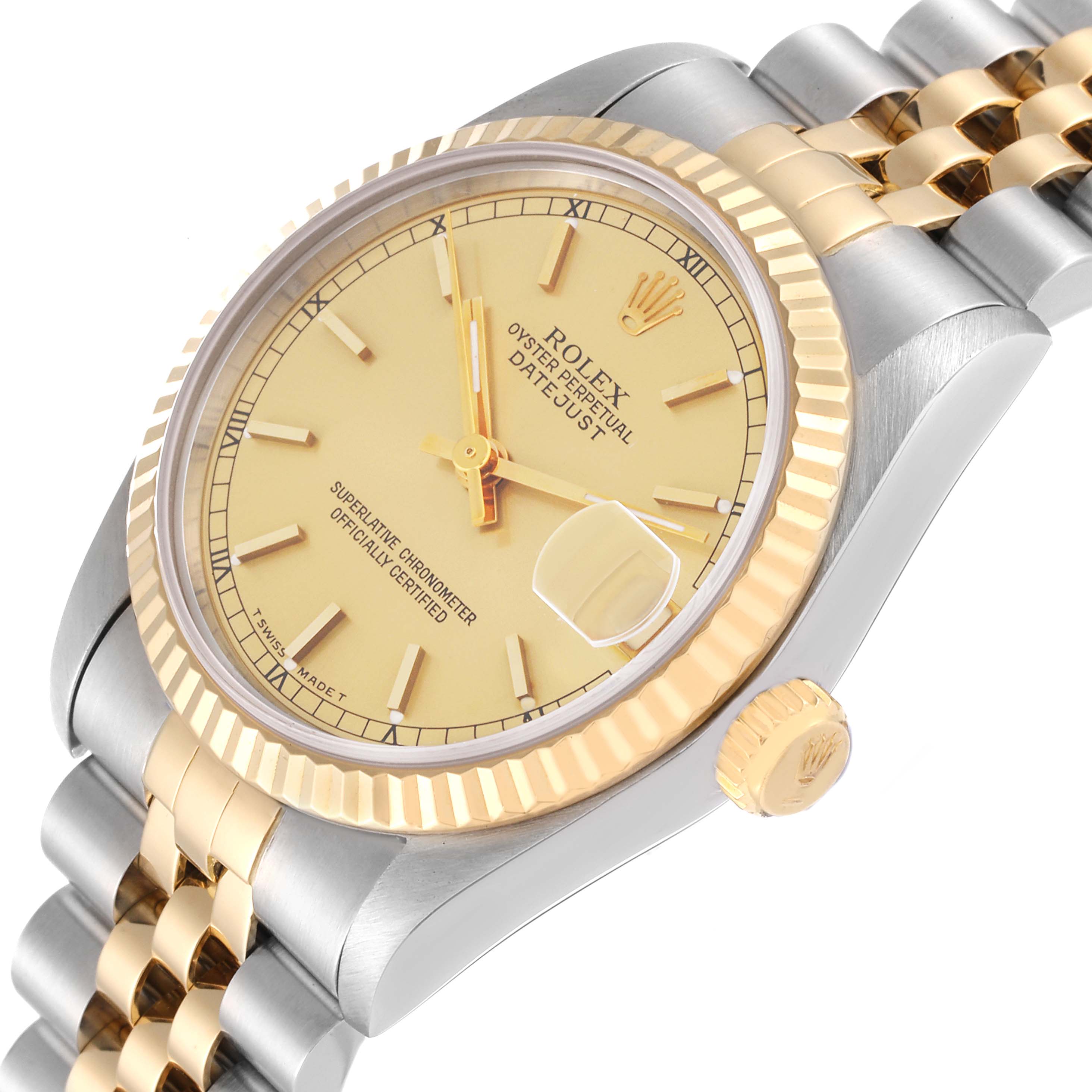The image shows a close-up of a Rolex Datejust Mid-Size watch from a three-quarter angle, highlighting the dial, bezel, and bracelet.