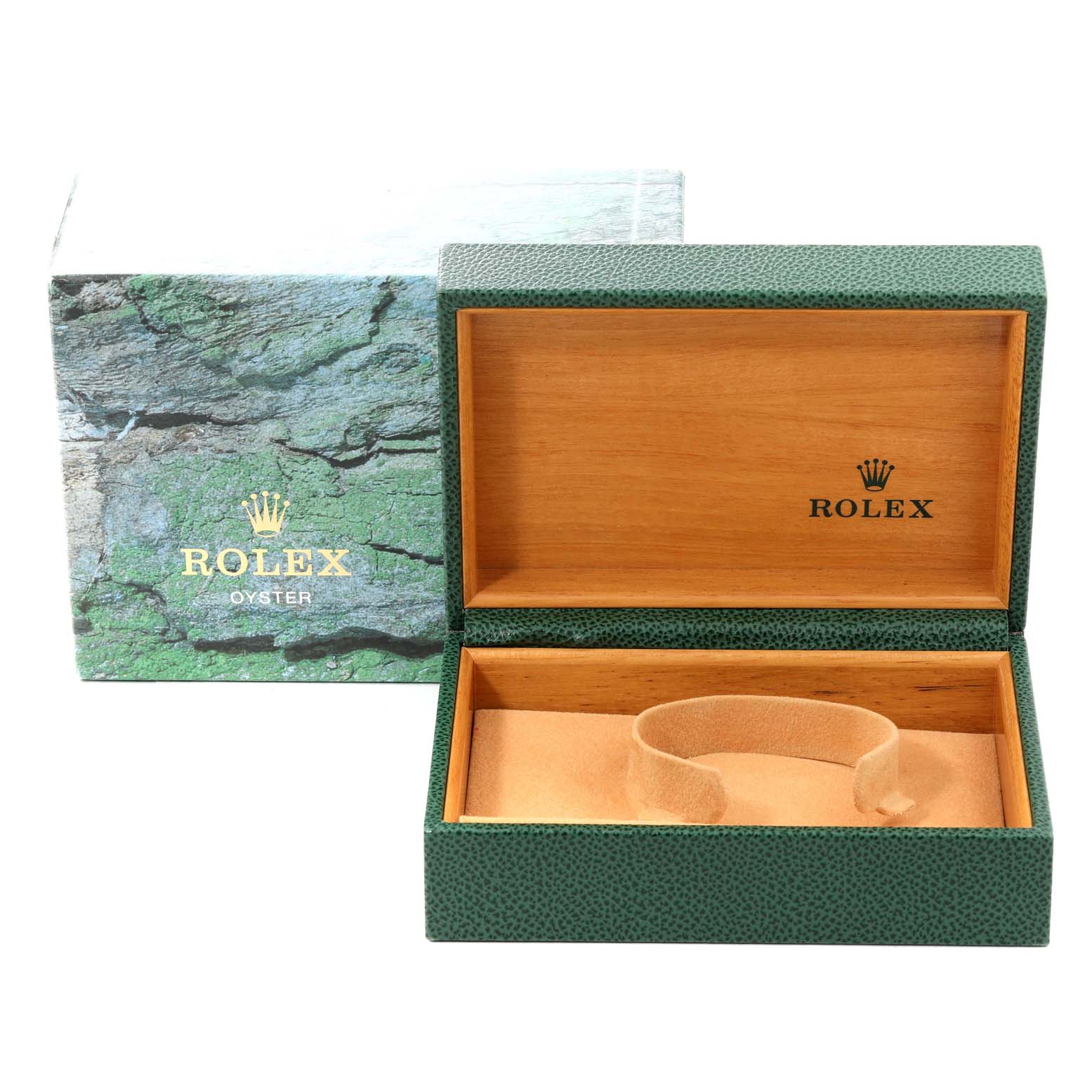 The image shows an open Rolex Oyster mid-size watch box made of textured green exterior and wooden interior.