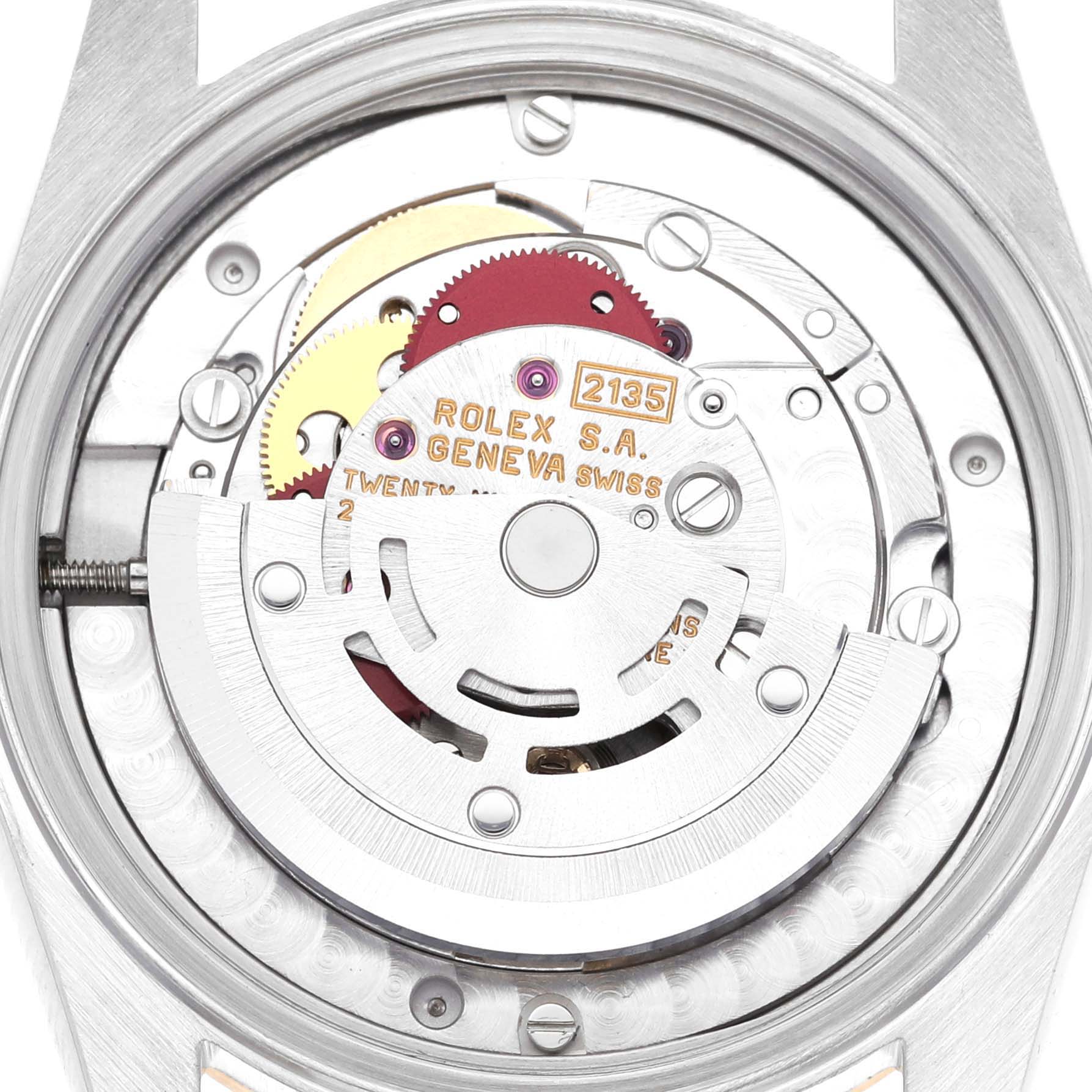 This image shows an internal view of a Mid-Size Rolex watch, displaying the movement mechanism and detailed components.