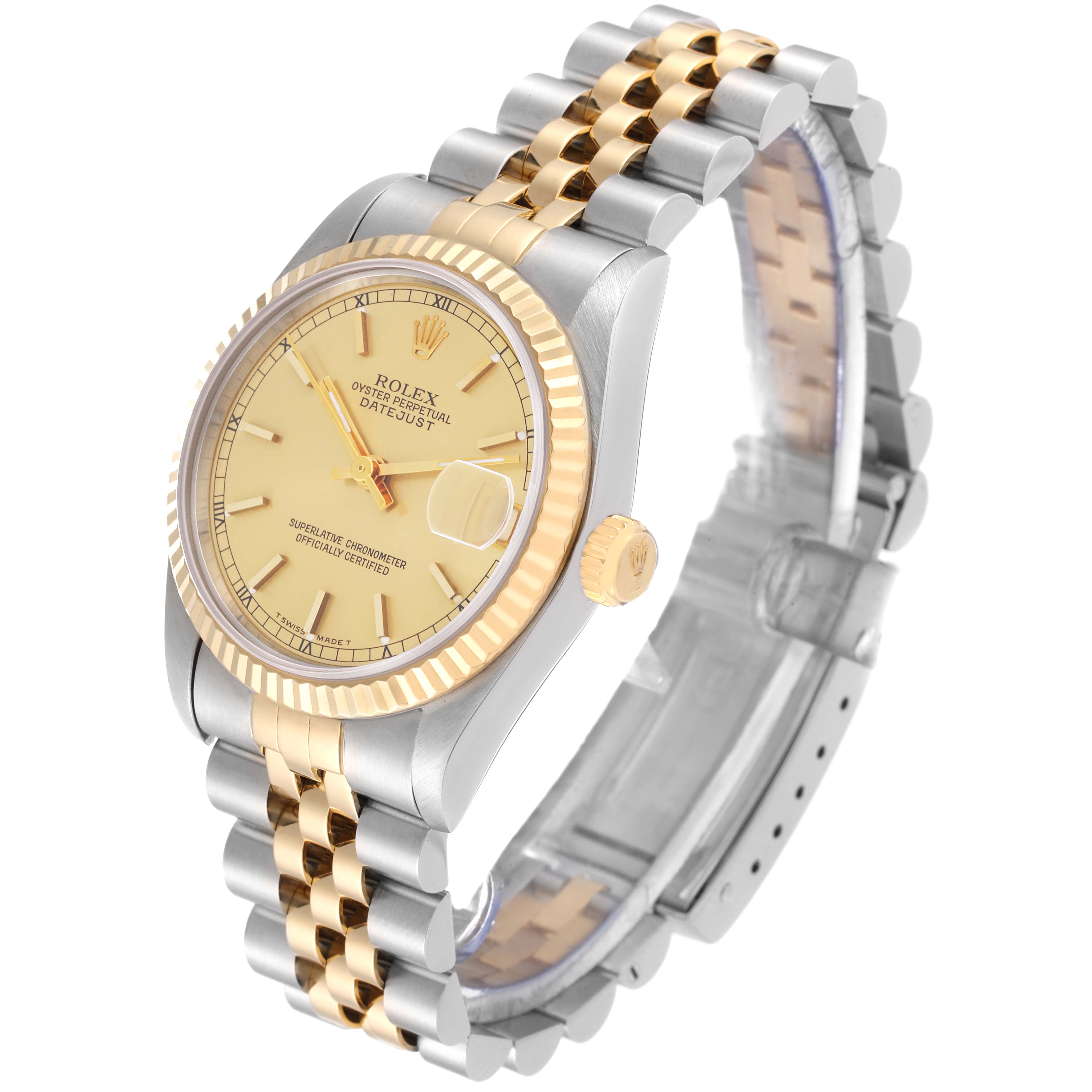 This Rolex Mid-Size 68273 Women's Steel and Gold (two tone) Champagne Dial 68273 Women's Steel and Gold (two tone) Champagne Dial Datejust watch is shown at a three-quarter angle, highlighting its two-tone bracelet, champagne dial, and fluted bezel.