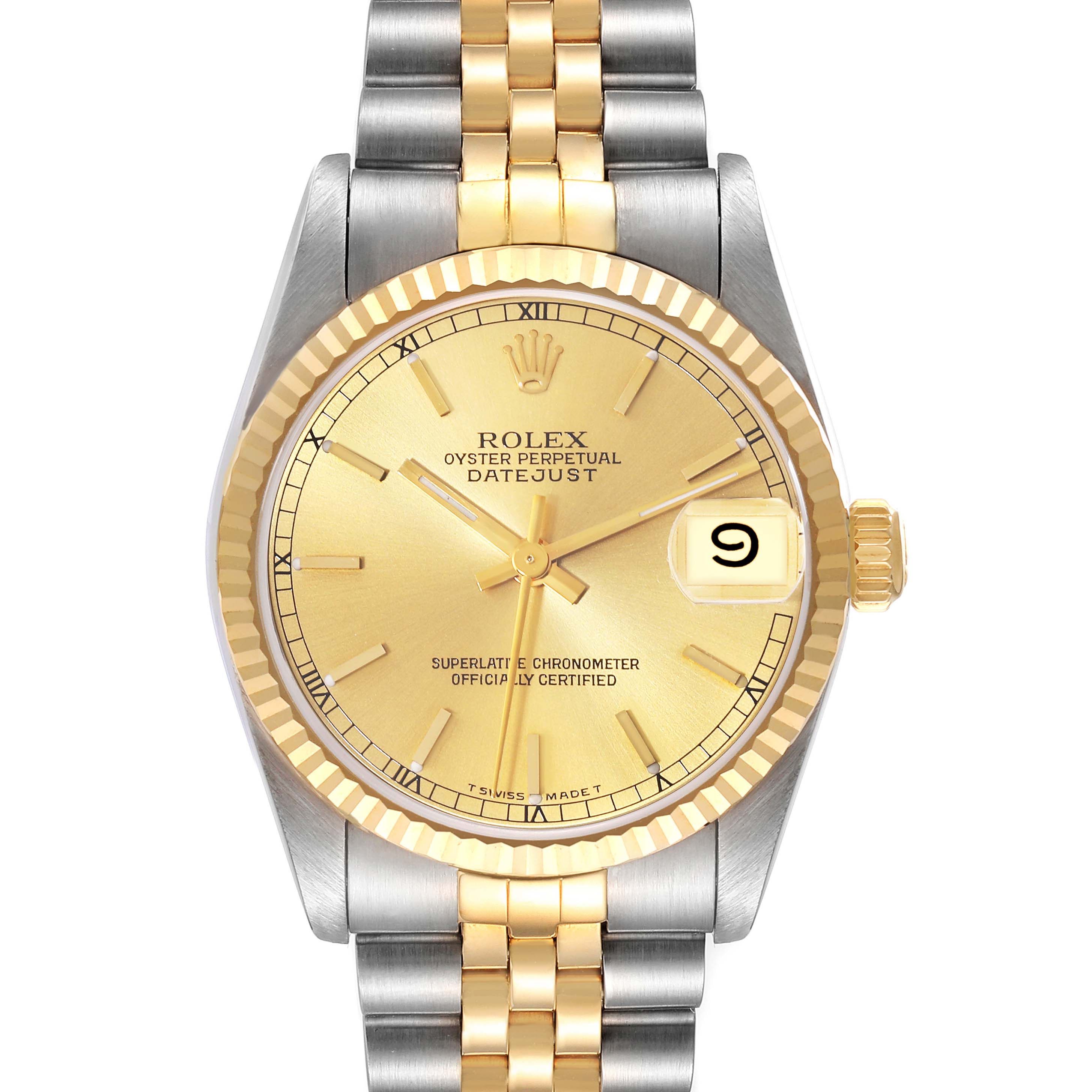 The image shows a frontal view of a Rolex Oyster Perpetual Datejust Mid-Size model with a gold and silver two-tone bracelet.