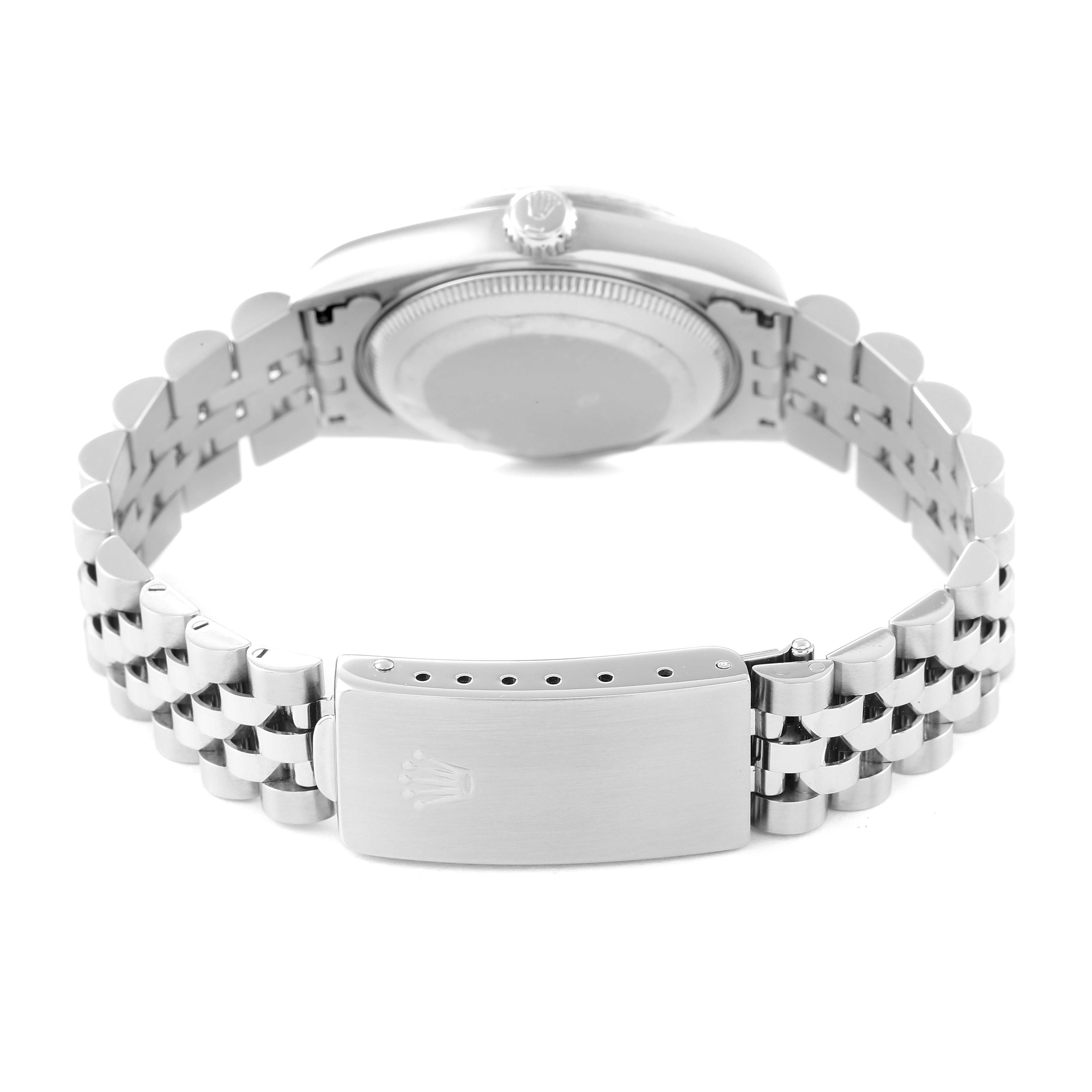 The image shows the back view of a Rolex Mid-Size 68274 Women
s Stainless Steel Black Dial 68274 Women
s Stainless Steel Black Dial watch, including the clasp, case back, and part of the bracelet.