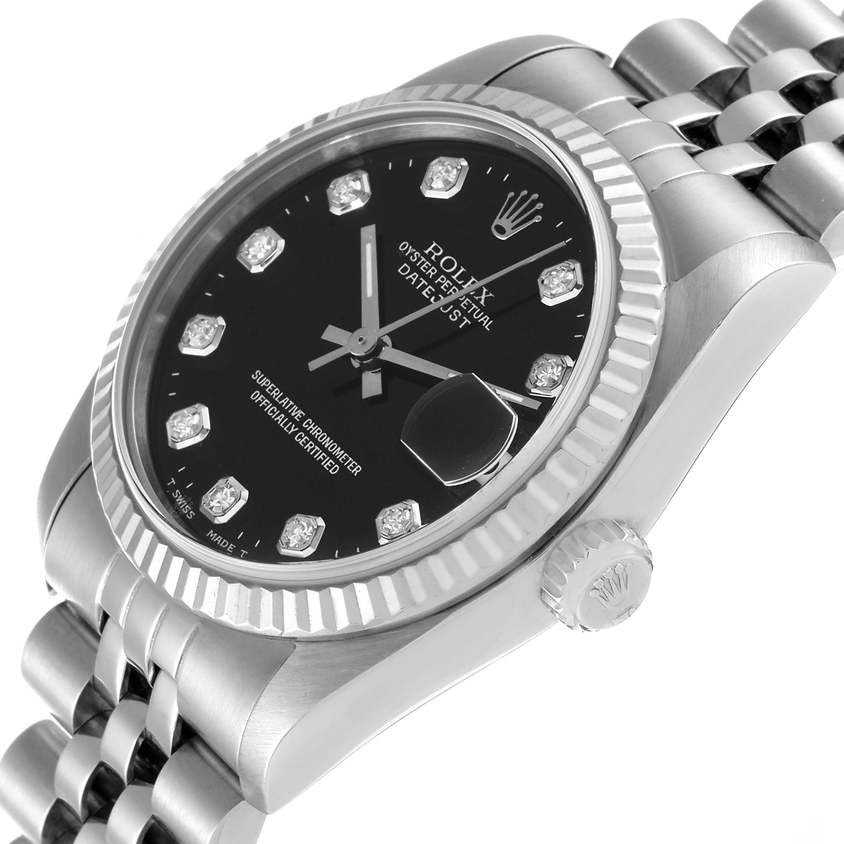 The image displays a Rolex Mid-Size 68274 Women
s Stainless Steel Black Dial 68274 Women
s Stainless Steel Black Dial watch model from an angle highlighting the bezel, crown, dial, and part of the bracelet.