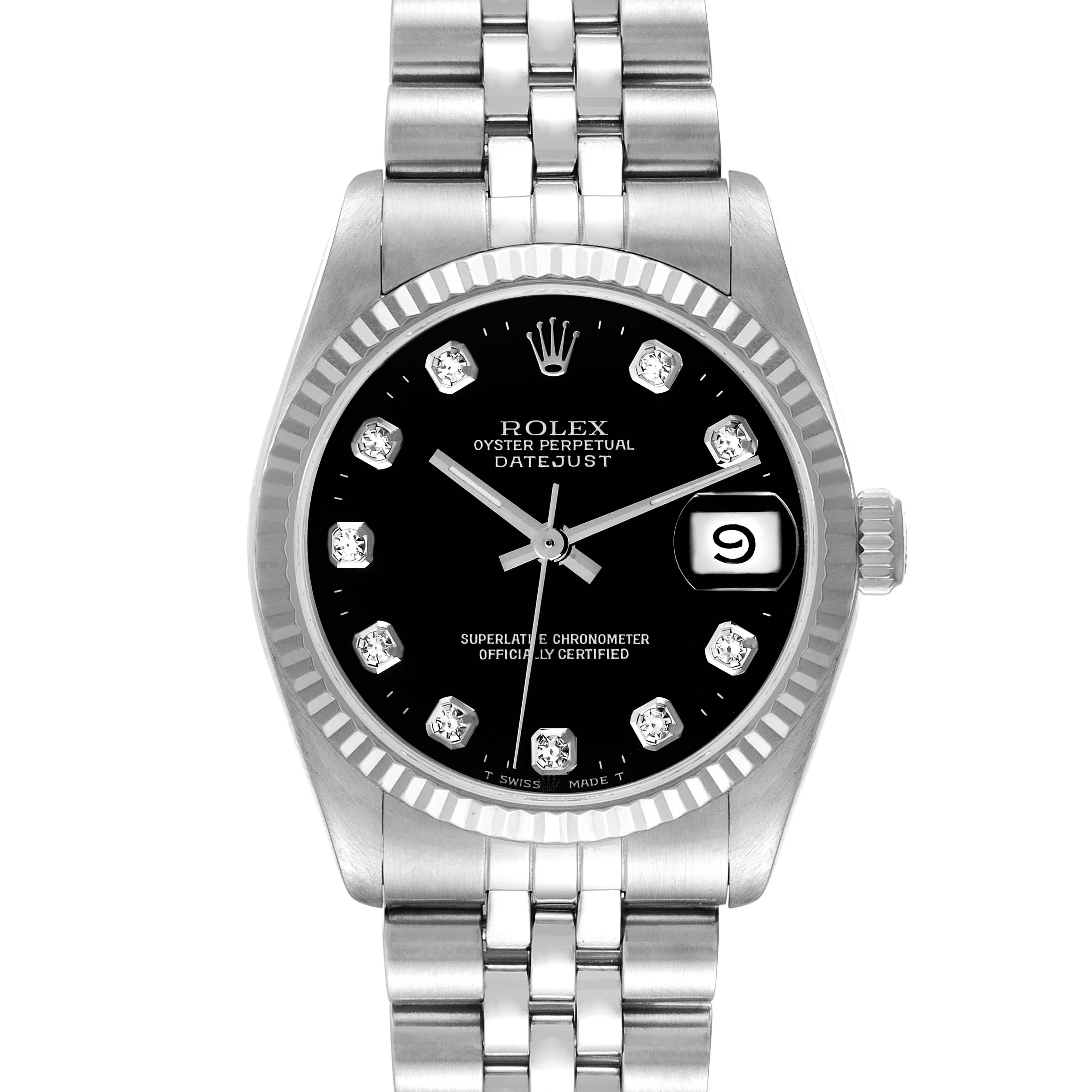 The image shows a front view of the Rolex Mid-Size 68274 Women
s Stainless Steel Black Dial 68274 Women
s Stainless Steel Black Dial Oyster Perpetual Datejust watch, highlighting its black dial and date window.