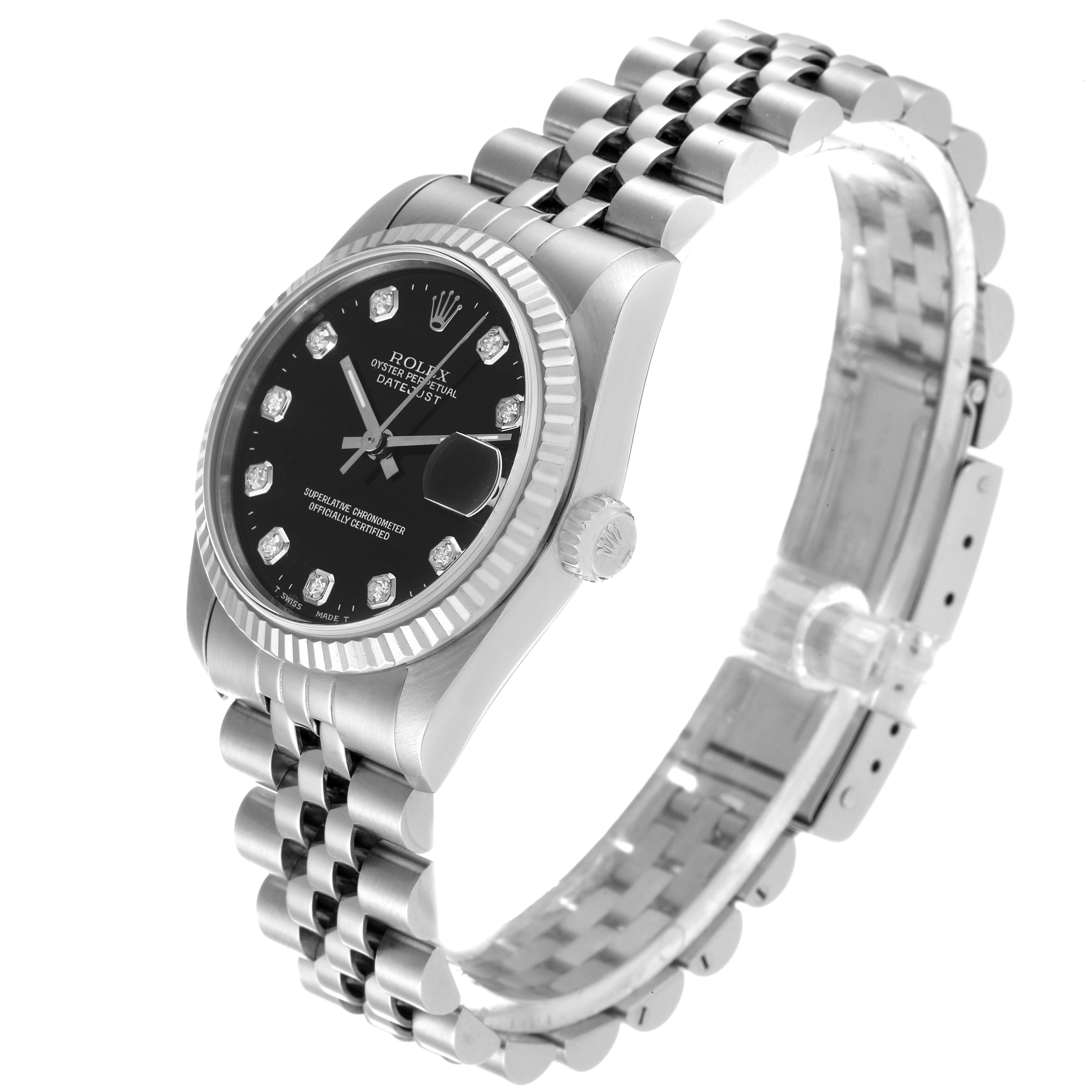 The image shows a side angle of a Rolex Mid-Size 68274 Women
s Stainless Steel Black Dial 68274 Women
s Stainless Steel Black Dial model, highlighting the bracelet, black dial, and date window.