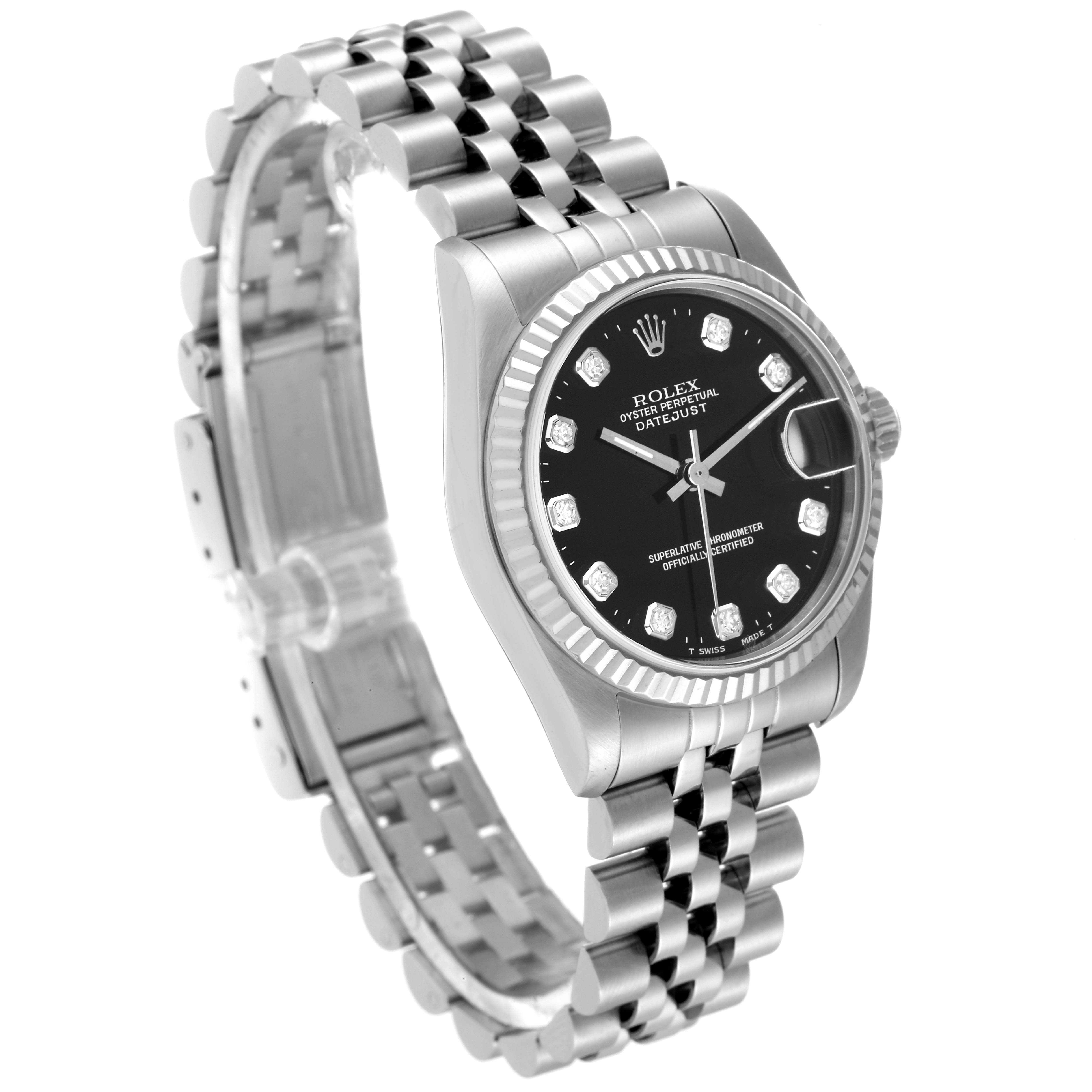 The image shows a Rolex Mid-Size 68274 Women
s Stainless Steel Black Dial 68274 Women
s Stainless Steel Black Dial watch at an angled side view, highlighting the dial, bezel, crown, and bracelet.