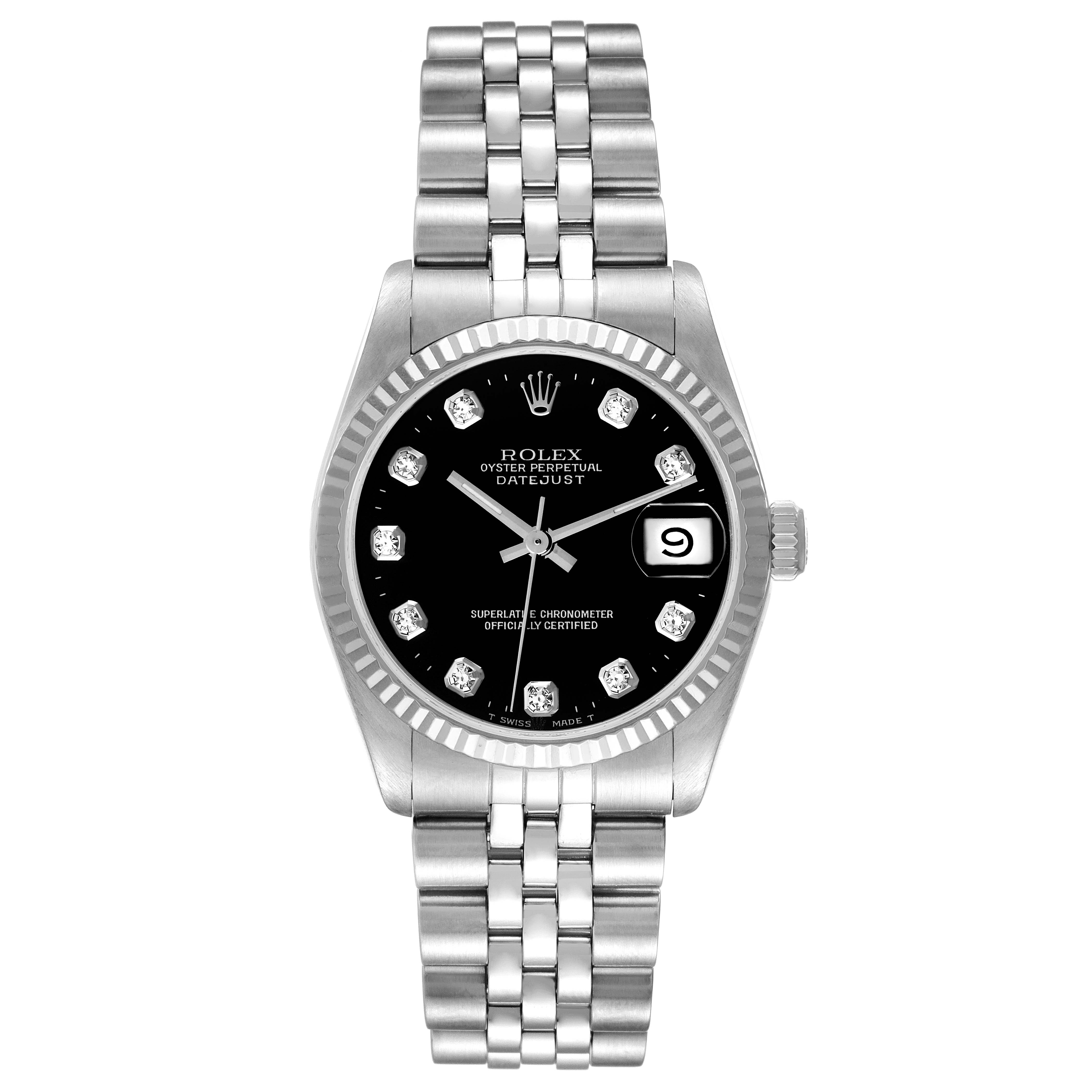 This is a front view of a Rolex Oyster Perpetual Datejust Mid-Size watch showcasing its dial, hour markers, hands, bezel, and bracelet.