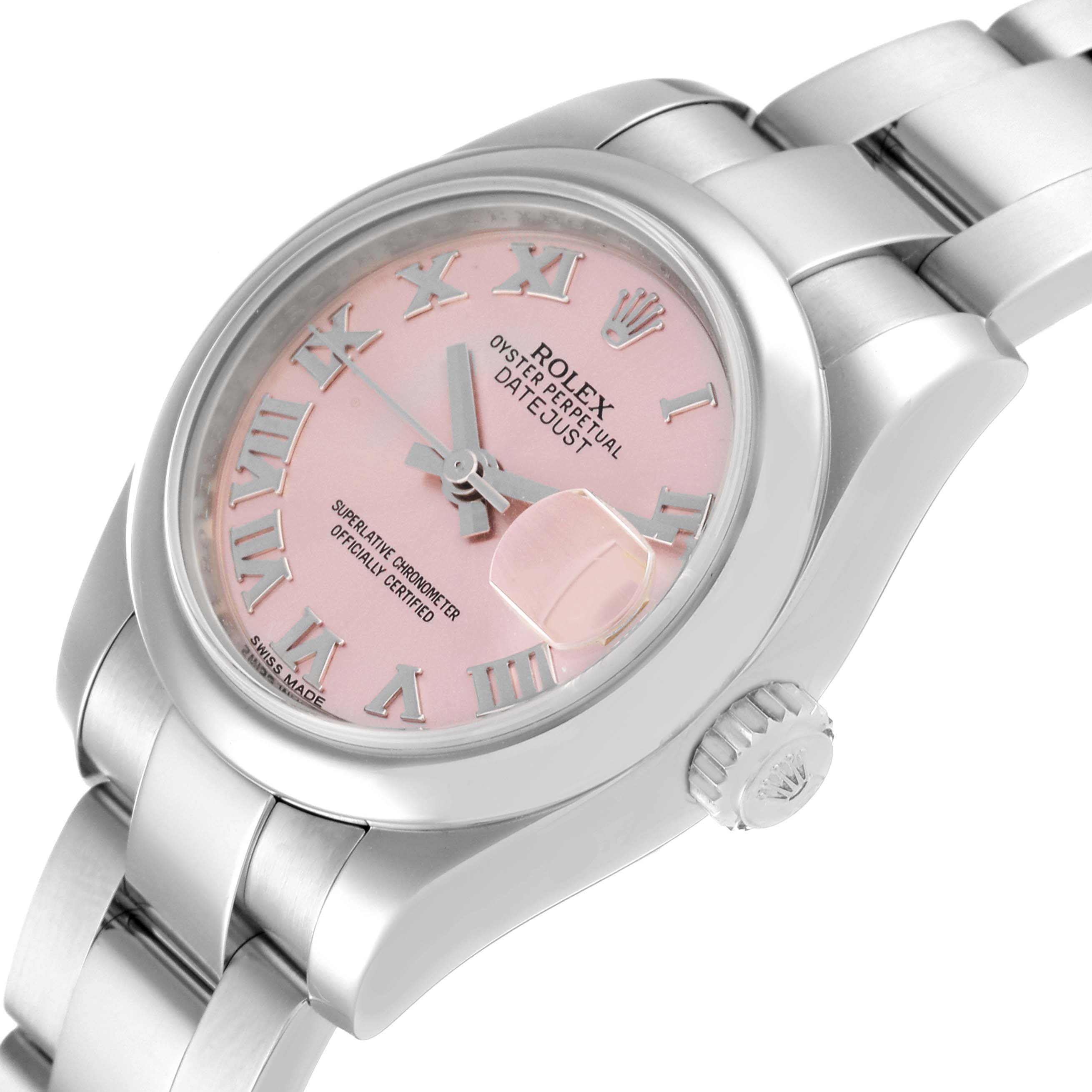 This image shows a side angle of the Rolex Datejust 179160 Women's Stainless Steel Pink Dial 179160 Women's Stainless Steel Pink Dial watch with a pink dial, bracelet, and crown visible.
