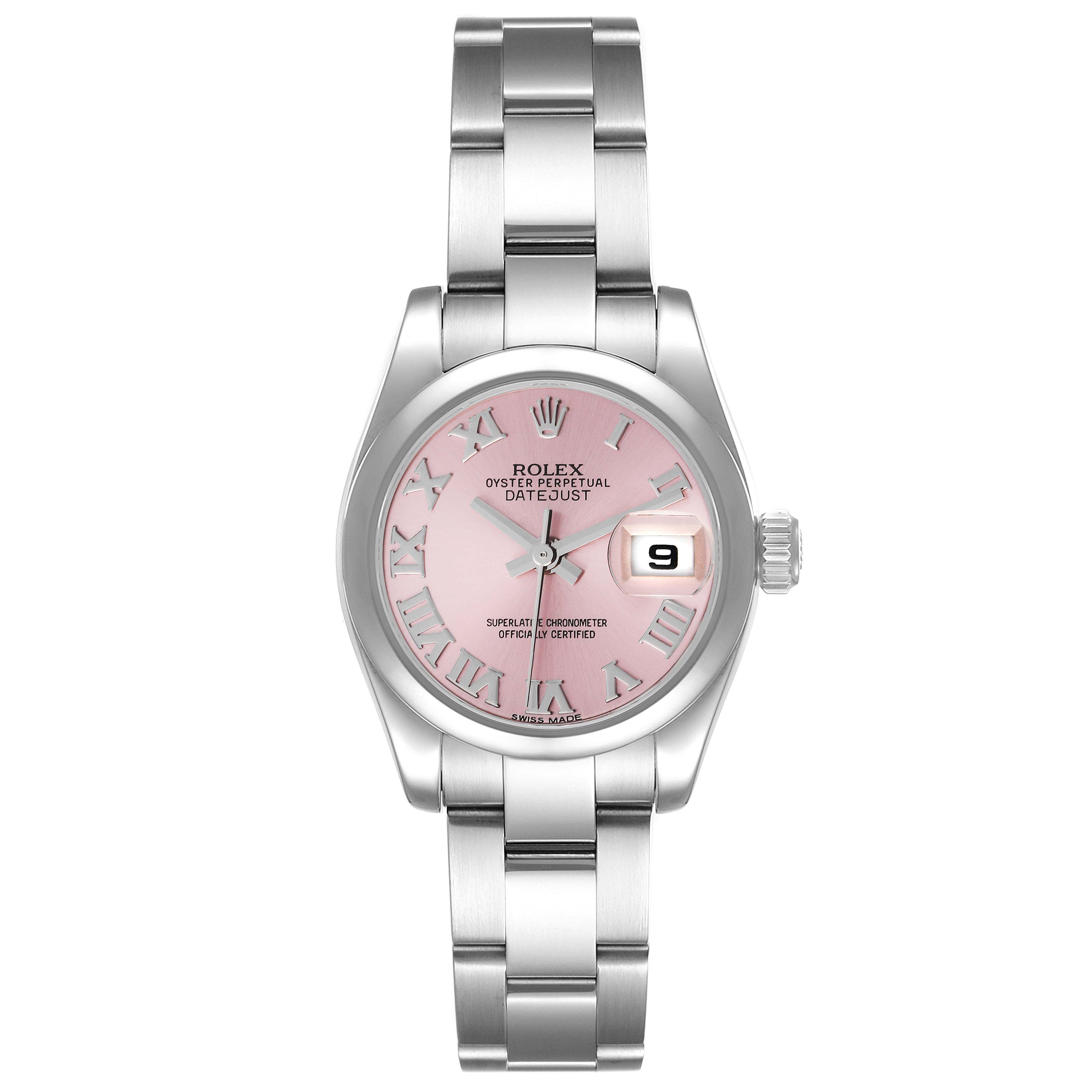 This image shows a front view of a Rolex Datejust 179160 Women's Stainless Steel Pink Dial 179160 Women's Stainless Steel Pink Dial watch, highlighting its pink dial and silver bracelet.