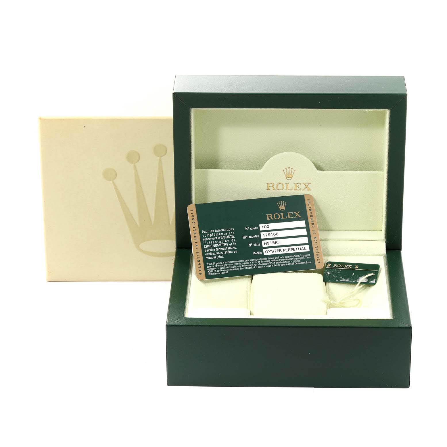 The image shows a Rolex Datejust 179160 Women's Stainless Steel Pink Dial 179160 Women's Stainless Steel Pink Dial watch box, warranty card, and Rolex tag, viewed from the front.