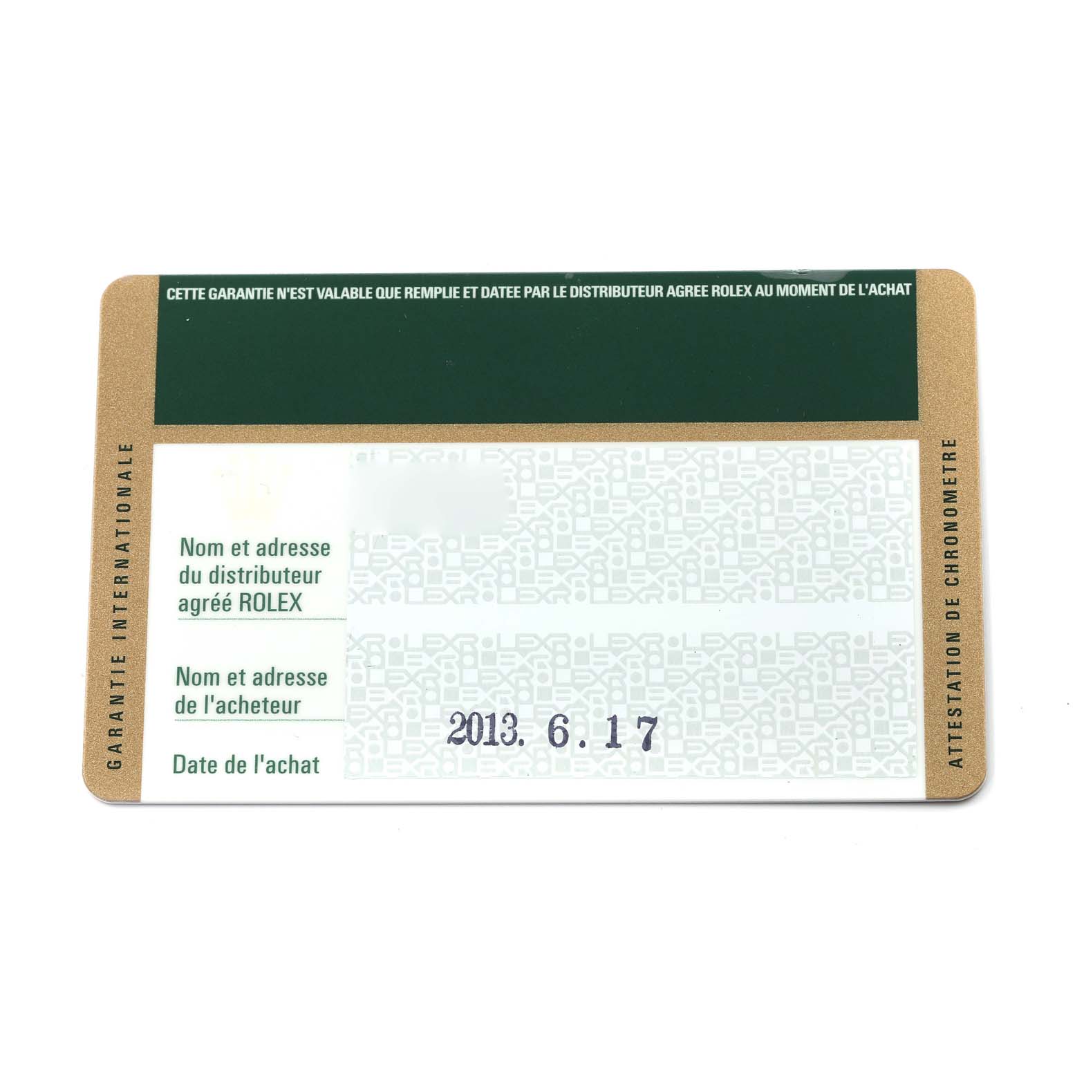 The image shows a warranty card for a Rolex Datejust 179160 Women's Stainless Steel Pink Dial 179160 Women's Stainless Steel Pink Dial watch, featuring purchase details and branding.