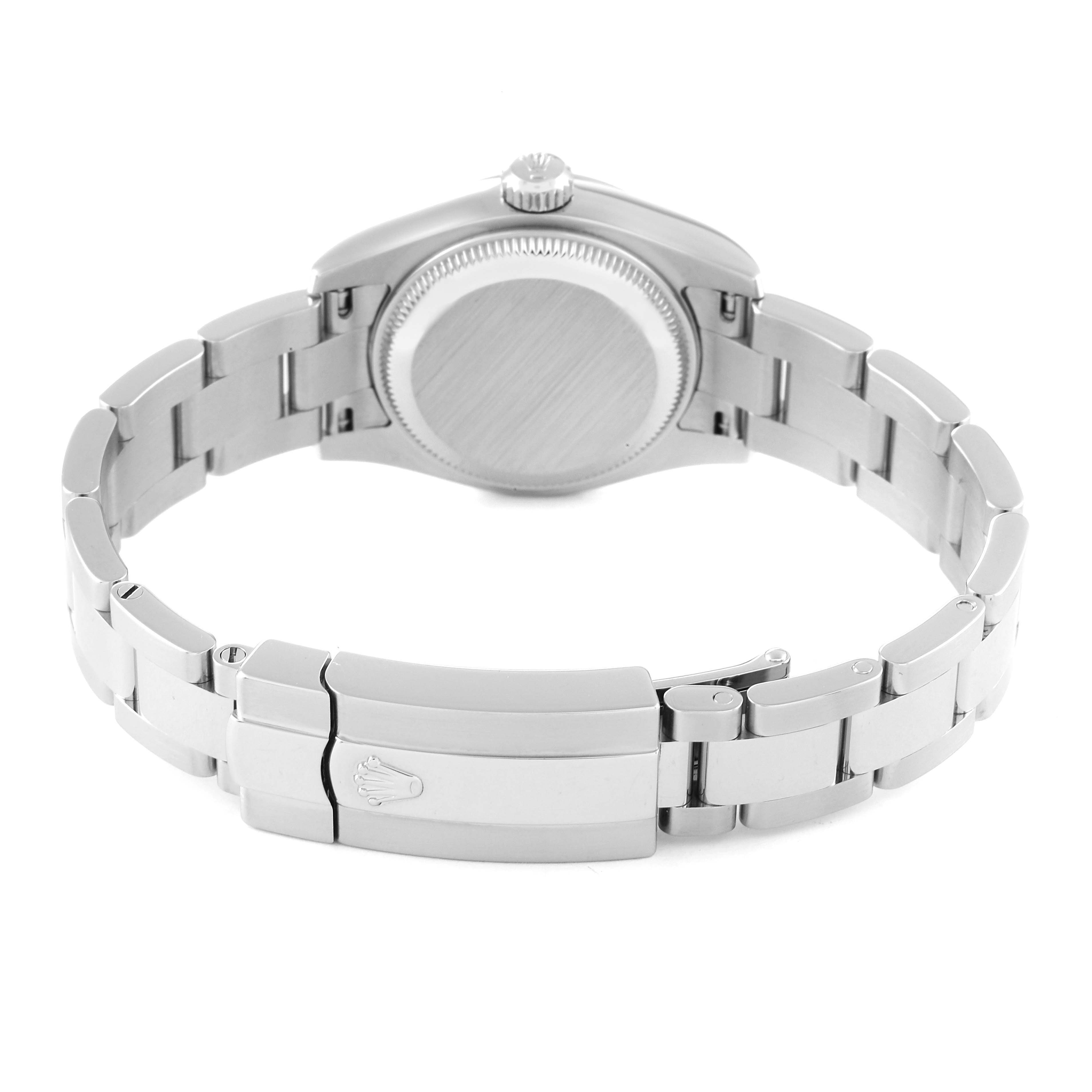 The image shows the back view of a Rolex Datejust 179160 Women's Stainless Steel Pink Dial 179160 Women's Stainless Steel Pink Dial watch, highlighting the case back and bracelet clasp.