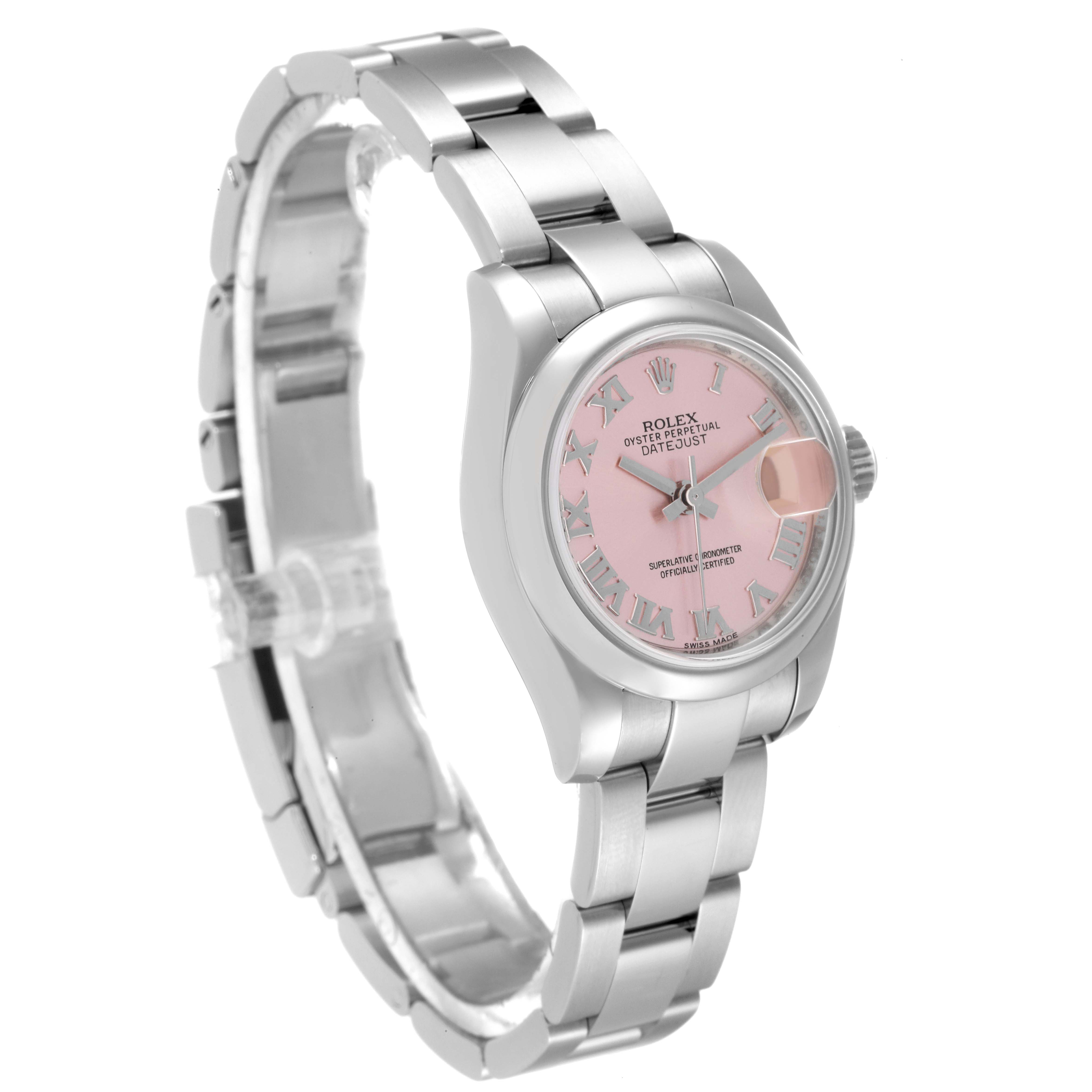 The image shows a side angle of a Rolex Datejust 179160 Women's Stainless Steel Pink Dial 179160 Women's Stainless Steel Pink Dial watch with a pink dial and silver bracelet.