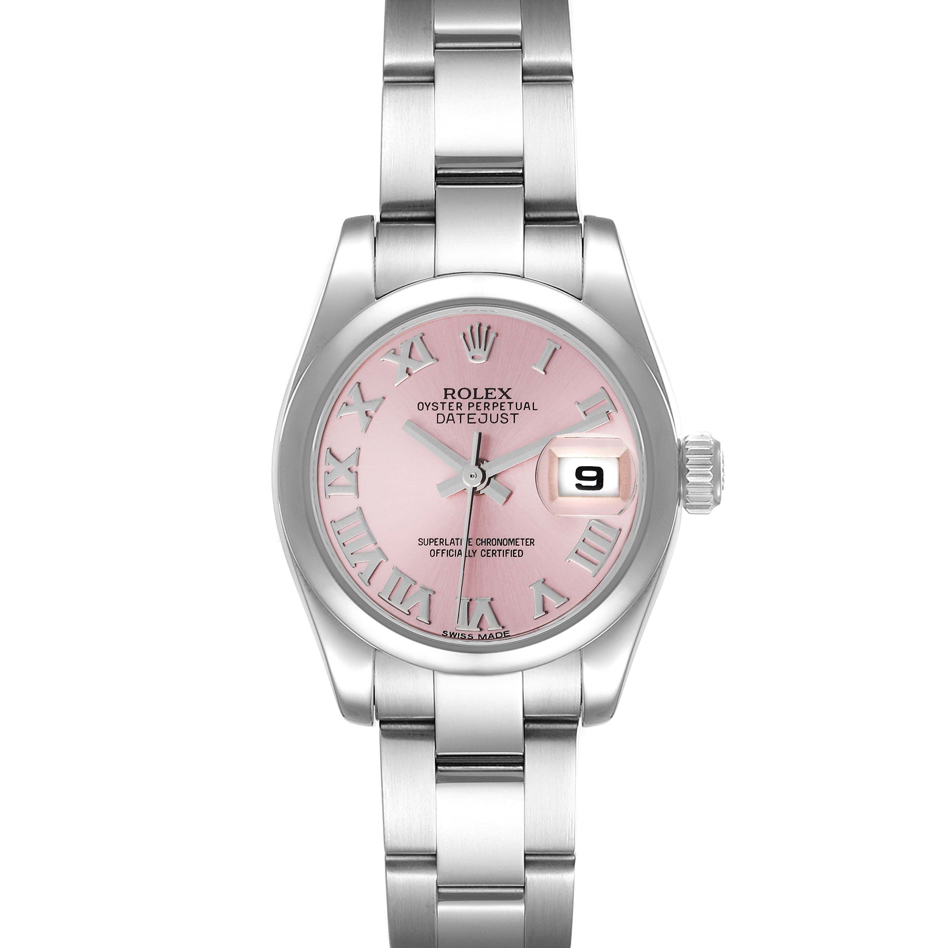 The image shows a front view of a Rolex Datejust 179160 Women's Stainless Steel Pink Dial 179160 Women's Stainless Steel Pink Dial watch with a pink dial, Roman numerals, and metal bracelet.