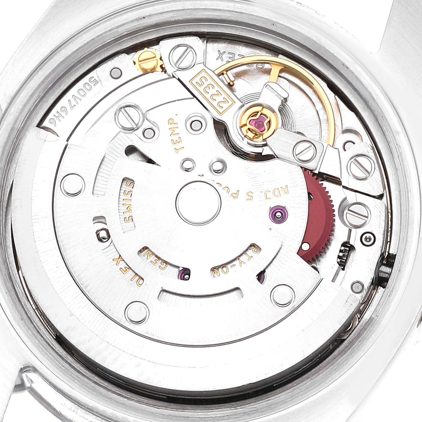 The image displays the intricate internal mechanism of a Rolex Datejust 179160 Women's Stainless Steel Pink Dial 179160 Women's Stainless Steel Pink Dial watch from a direct overhead angle.