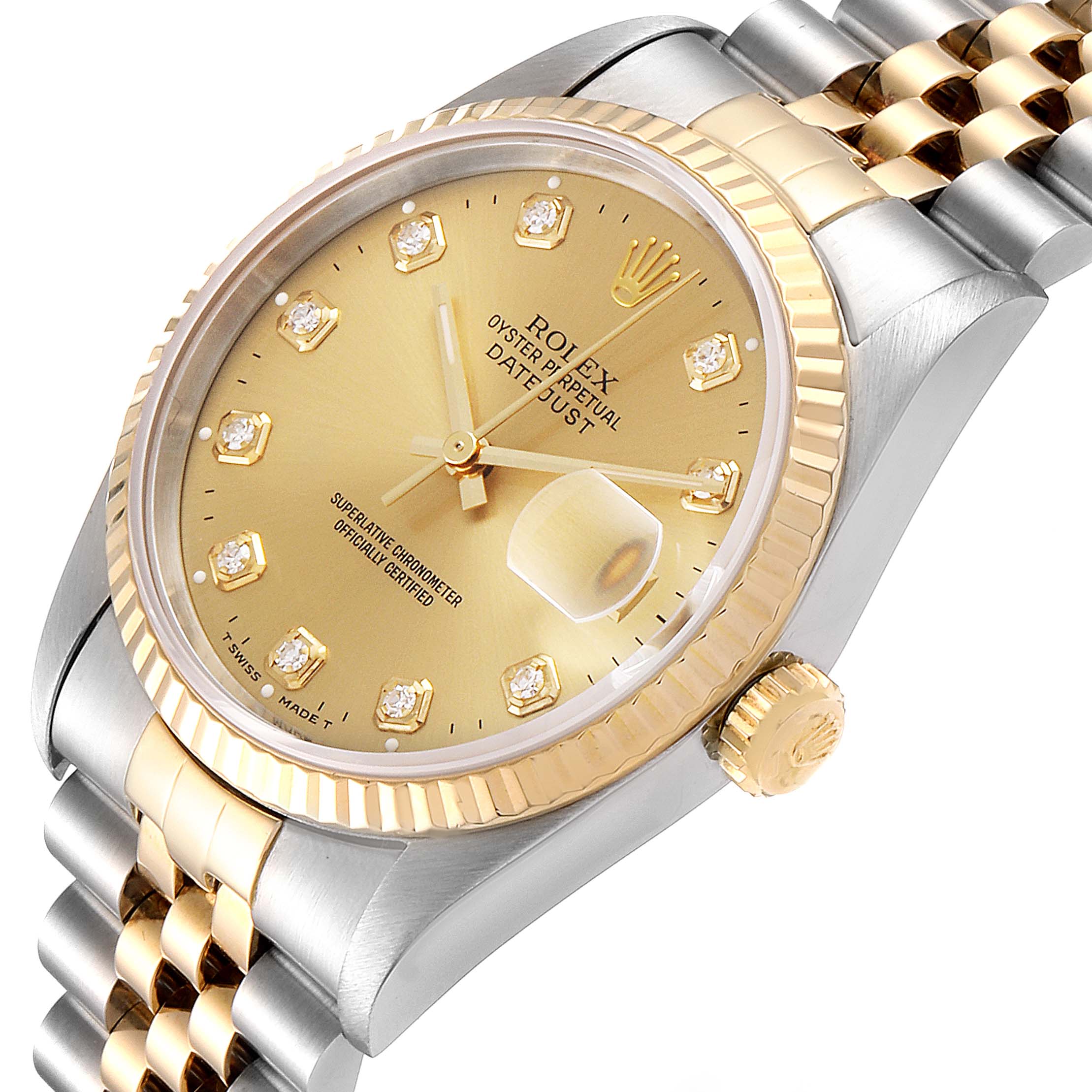 The Rolex Datejust 16233 Men's Steel and Gold (two tone) Champagne Dial 16233 Men's Steel and Gold (two tone) Champagne Dial watch is shown at a slight angle, highlighting the dial, bezel, crown, and the jubilee bracelet.