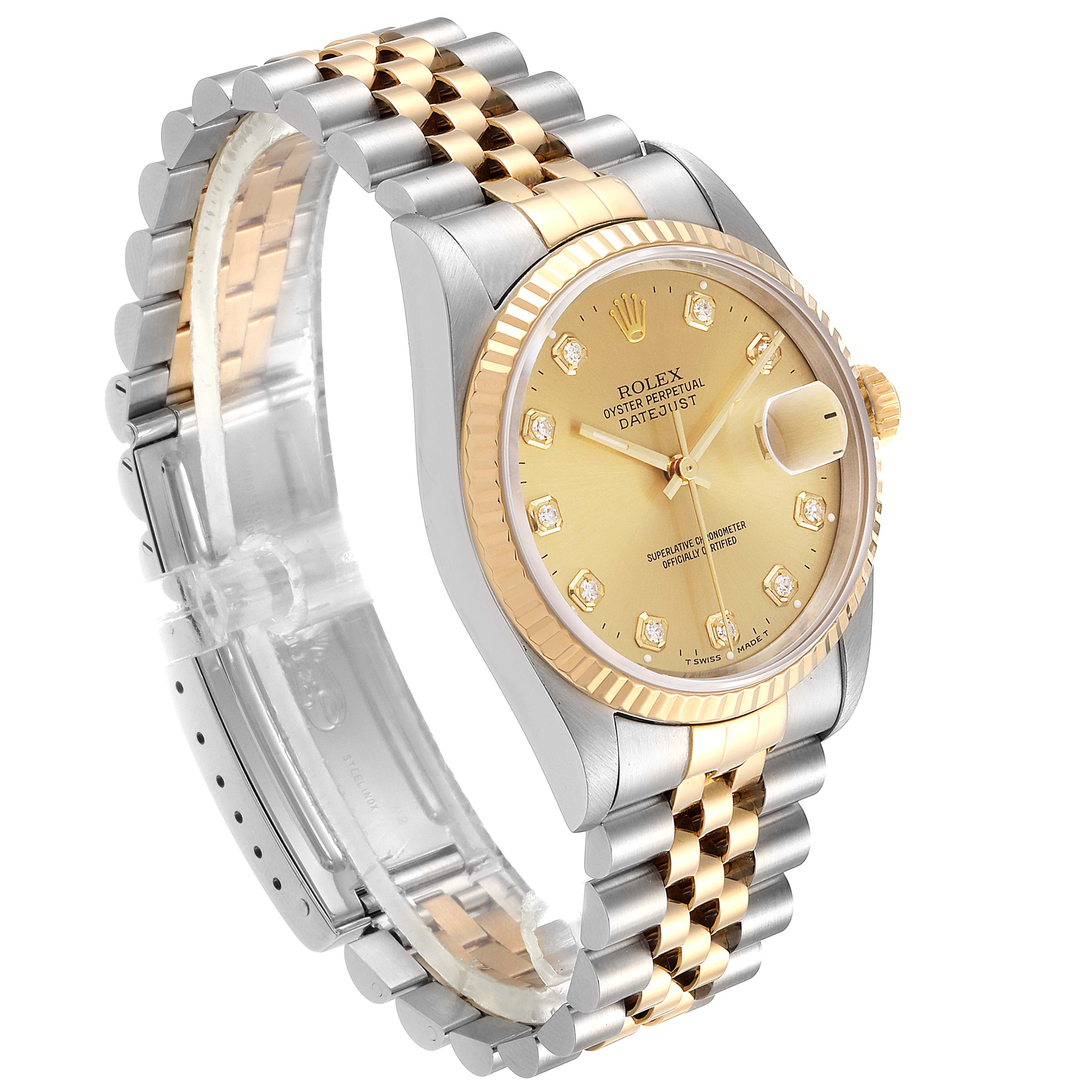 This image shows a Rolex Datejust 16233 Men's Steel and Gold (two tone) Champagne Dial 16233 Men's Steel and Gold (two tone) Champagne Dial watch at an angled view, displaying its dial, bezel, crown, and Jubilee bracelet.