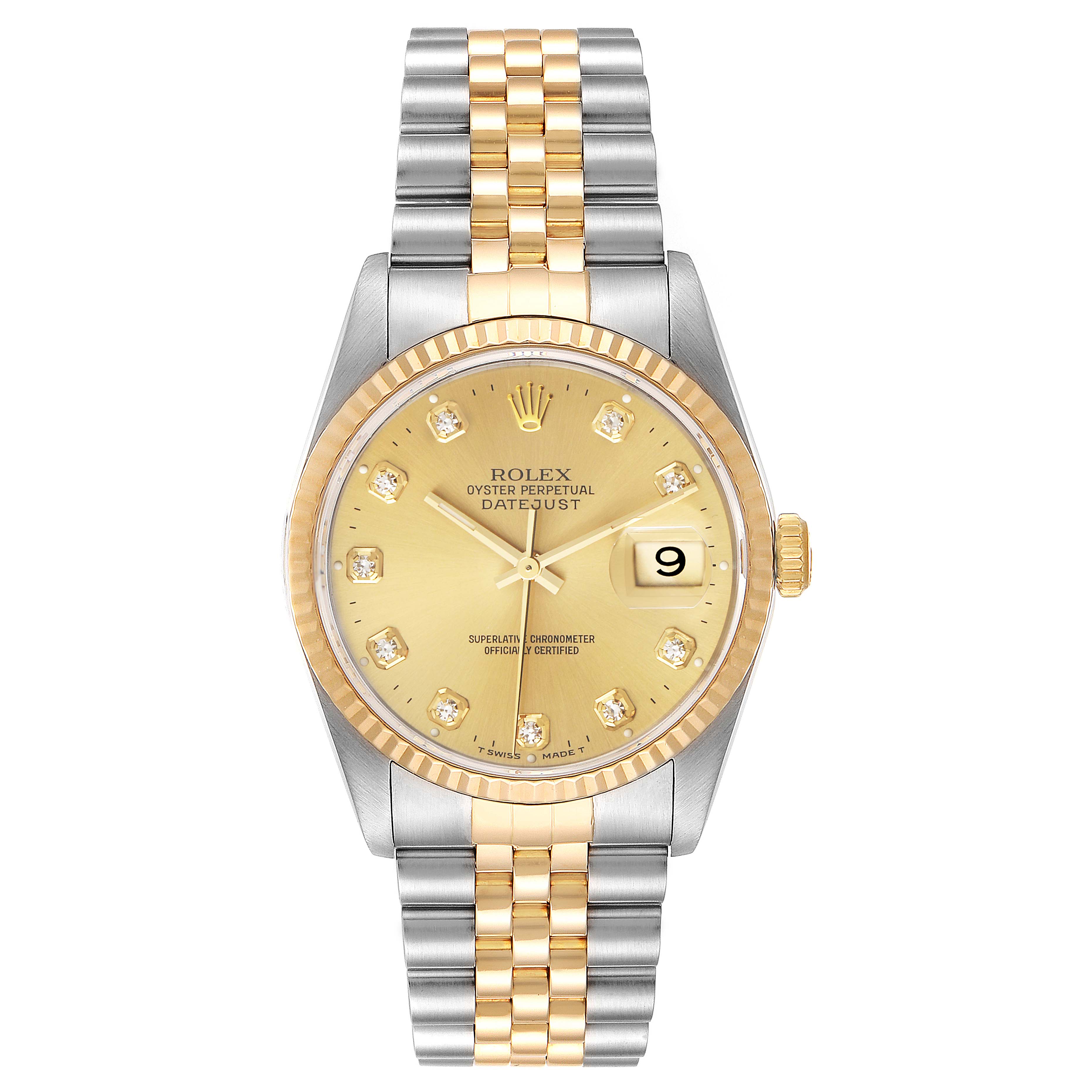 The image shows a Rolex Datejust 16233 Men's Steel and Gold (two tone) Champagne Dial 16233 Men's Steel and Gold (two tone) Champagne Dial watch from a direct front angle, highlighting its gold dial, diamond hour markers, and two-tone bracelet.