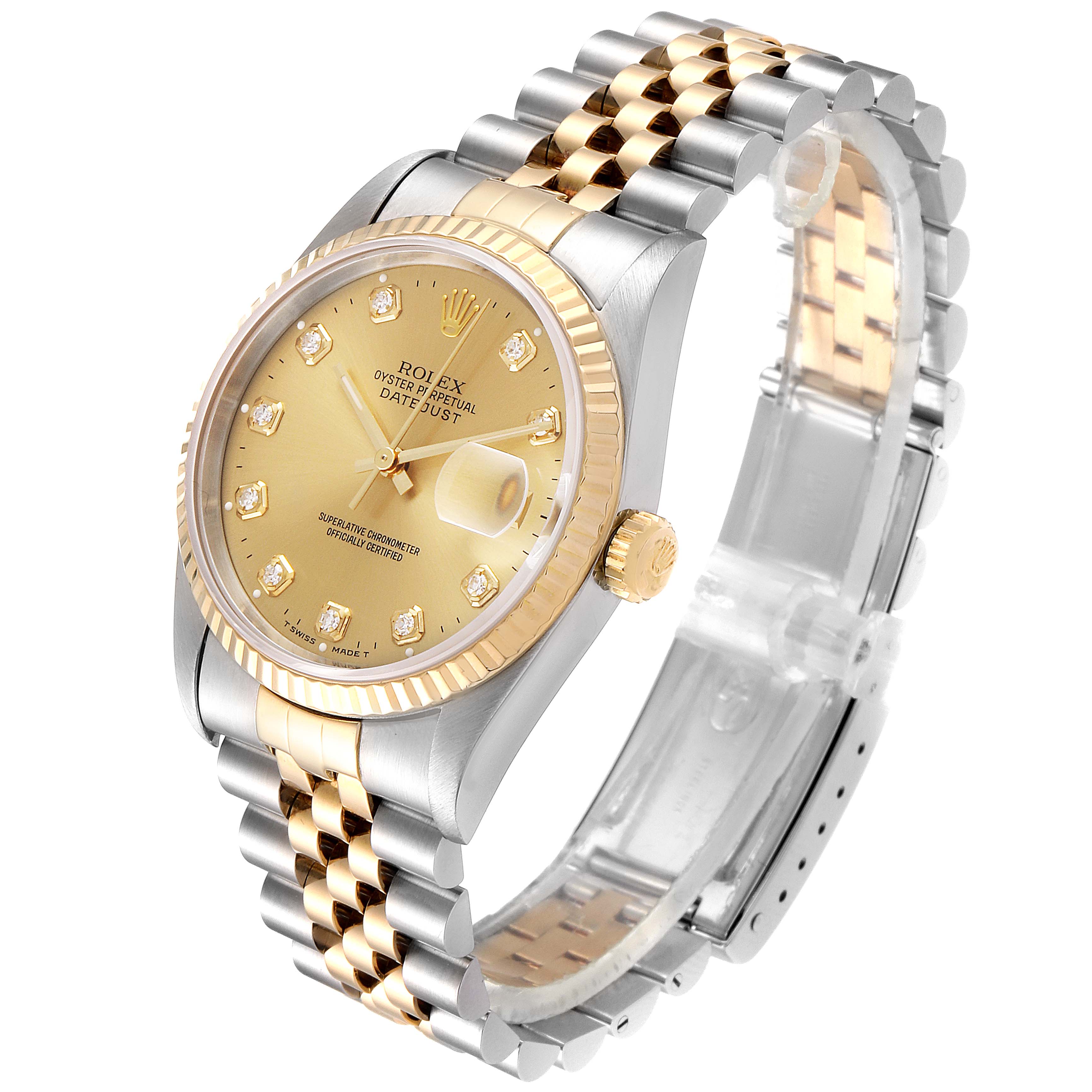 The image shows an angled view of the Rolex Datejust 16233 Men's Steel and Gold (two tone) Champagne Dial 16233 Men's Steel and Gold (two tone) Champagne Dial watch, highlighting the face, bezel, crown, and two-tone bracelet.