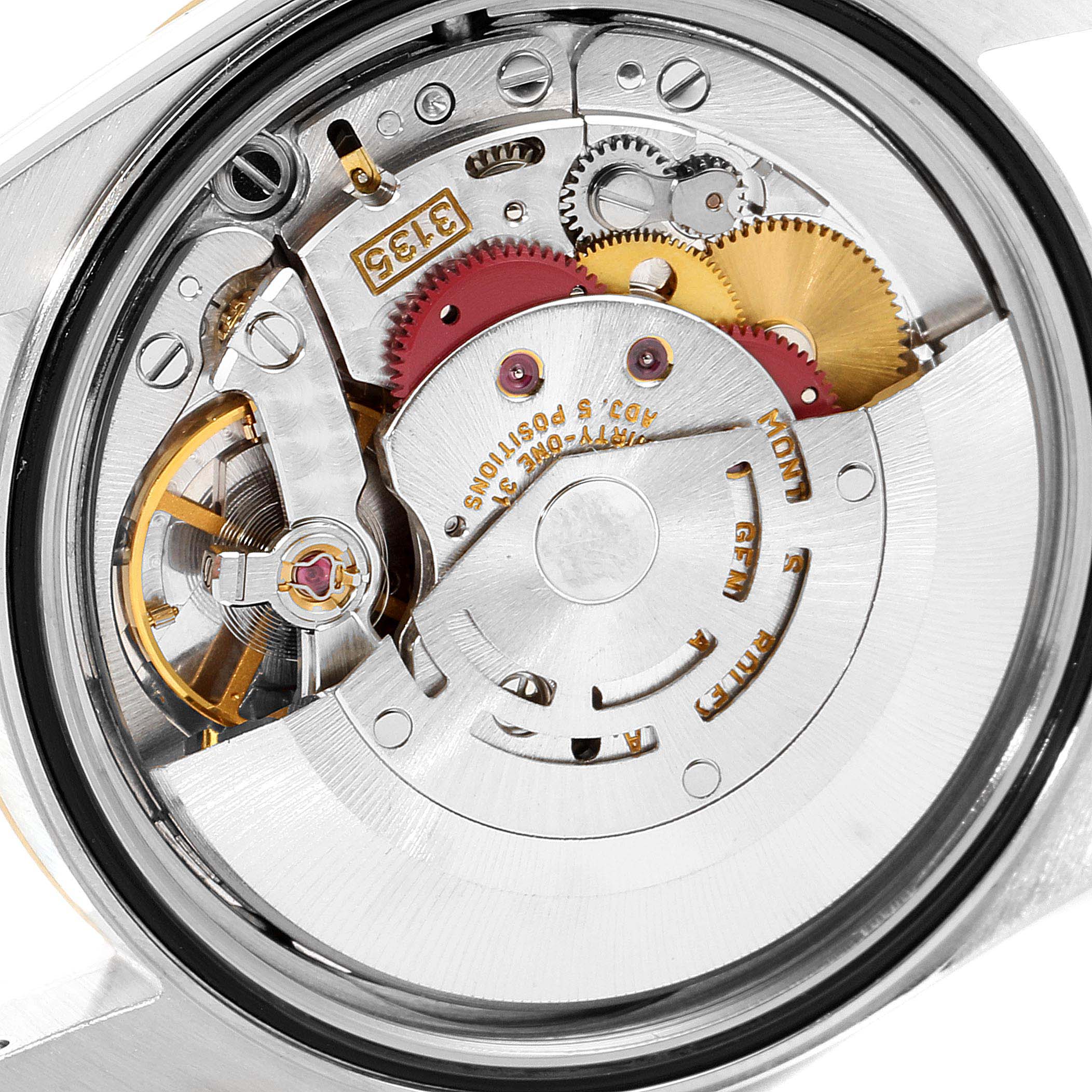 This image shows a close-up view of the movement and internal mechanisms of a Rolex Datejust 16233 Men's Steel and Gold (two tone) Champagne Dial 16233 Men's Steel and Gold (two tone) Champagne Dial watch.