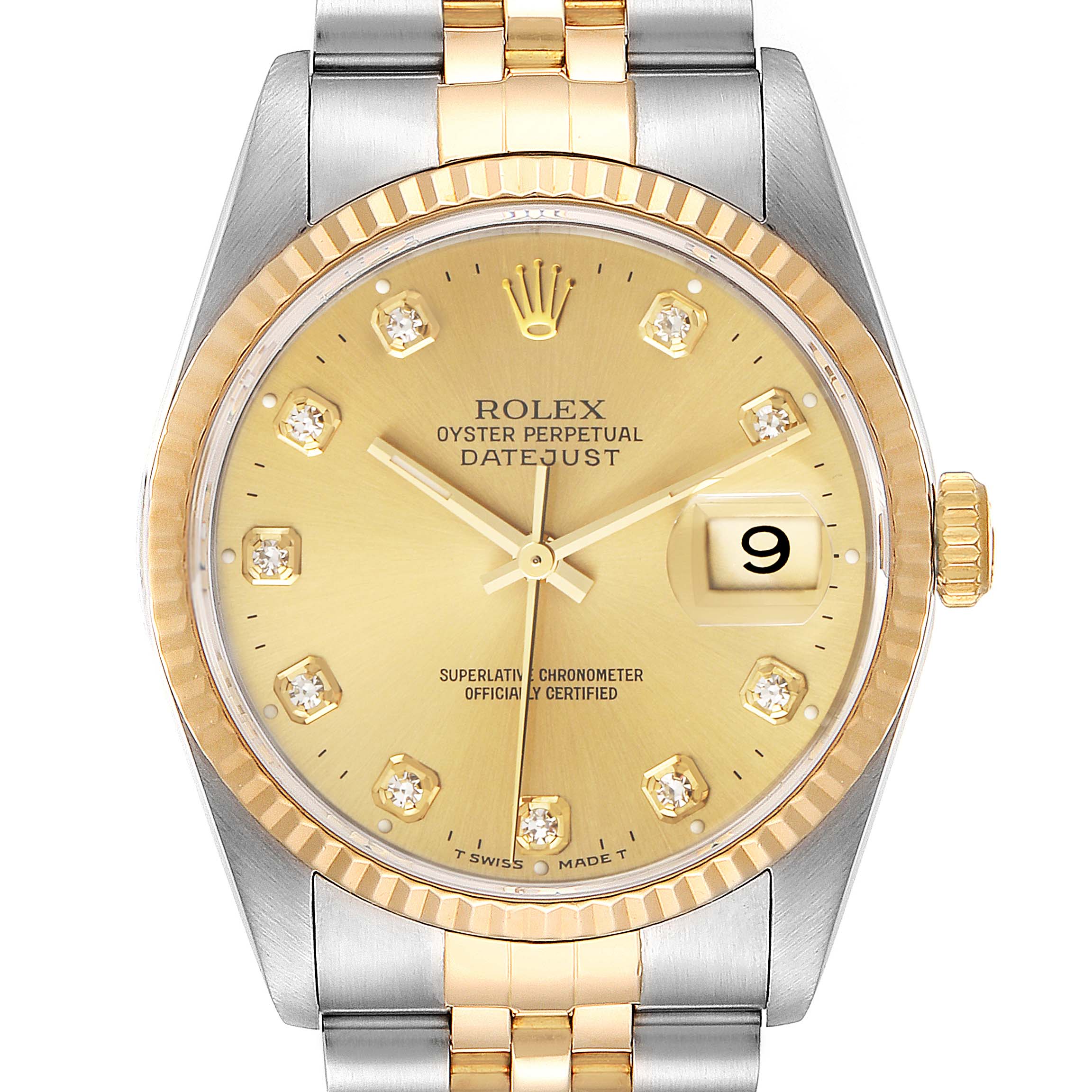 The image shows a frontal view of a Rolex Datejust 16233 Men's Steel and Gold (two tone) Champagne Dial 16233 Men's Steel and Gold (two tone) Champagne Dial watch, highlighting its gold dial, bezel, and two-tone bracelet.