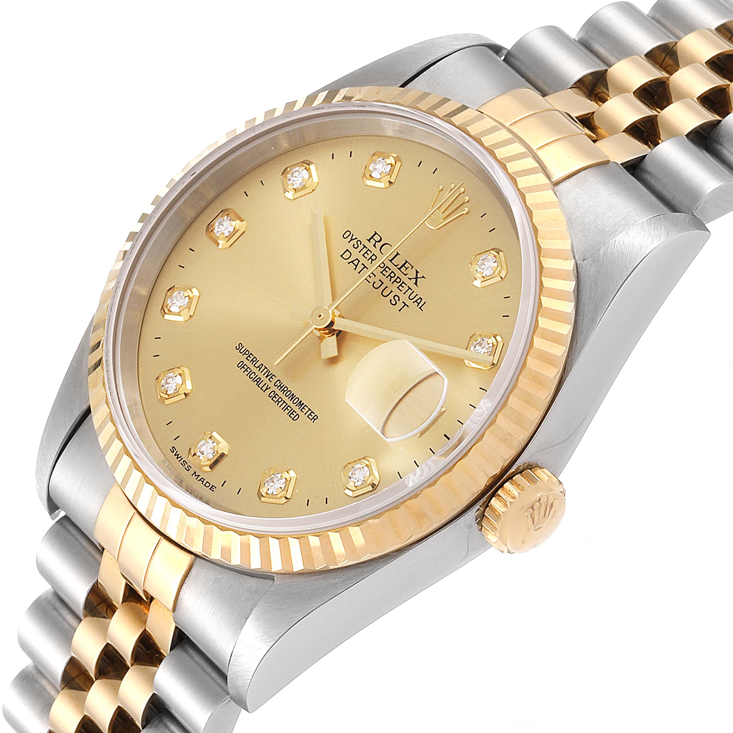 This Rolex Datejust 16233 Men's Steel and Gold (two tone) Champagne Dial 16233 Men's Steel and Gold (two tone) Champagne Dial watch is shown at a three-quarter angle, showcasing its golden dial, date magnifier, fluted bezel, and two-tone bracelet.