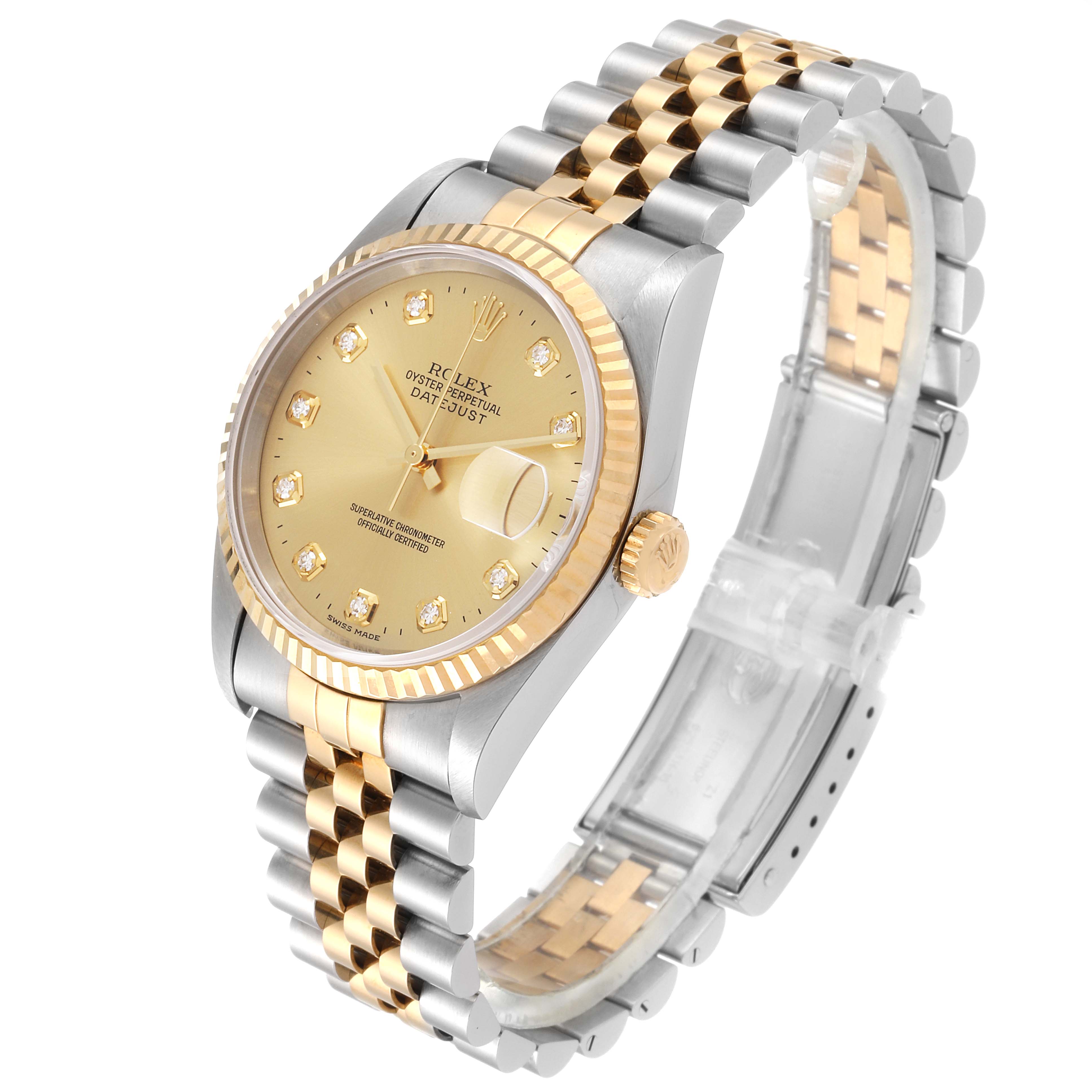This Rolex Datejust 16233 Men's Steel and Gold (two tone) Champagne Dial 16233 Men's Steel and Gold (two tone) Champagne Dial watch is shown at an angled side view, displaying the face, bezel, crown, and two-tone jubilee bracelet.