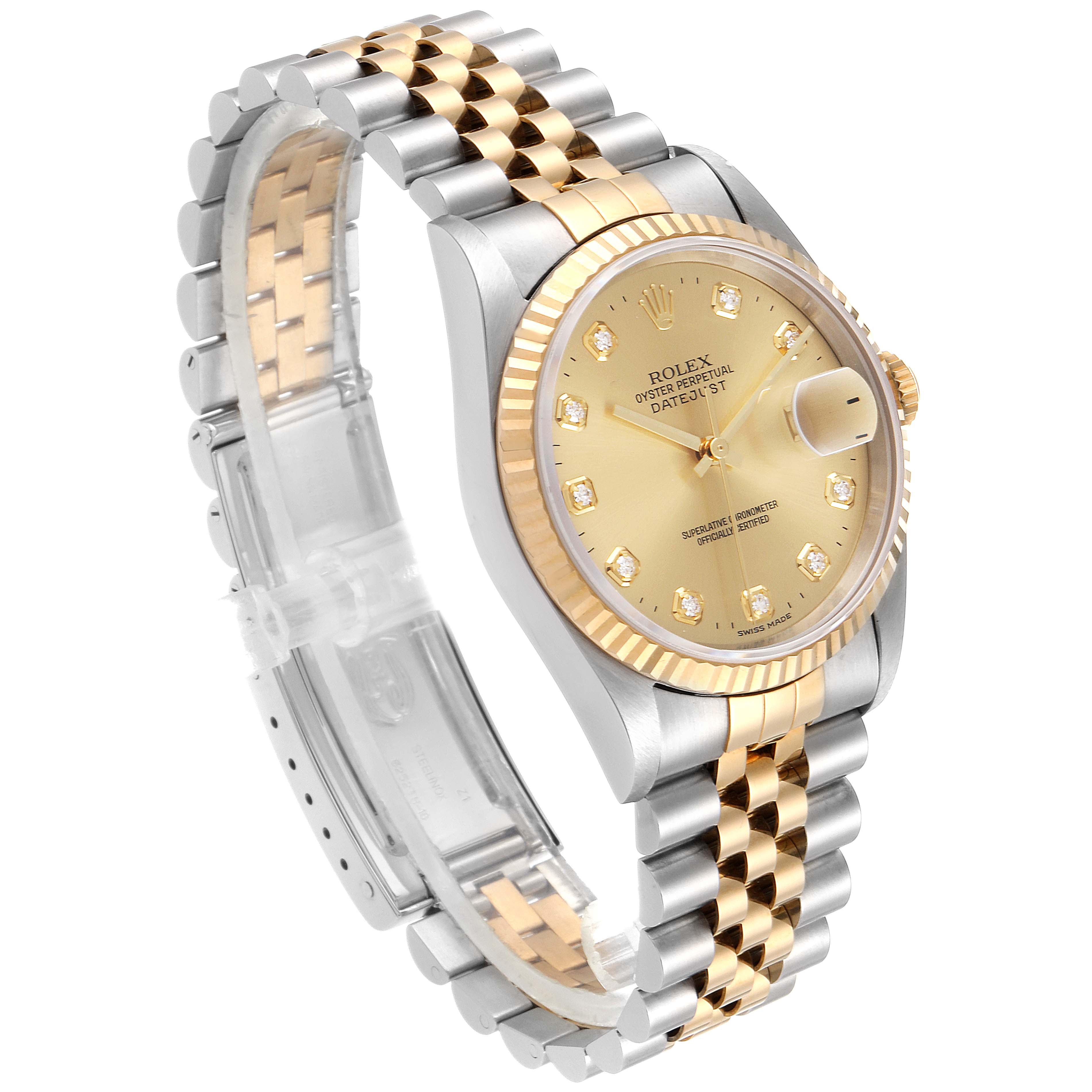 This image shows a Rolex Datejust 16233 Men's Steel and Gold (two tone) Champagne Dial 16233 Men's Steel and Gold (two tone) Champagne Dial watch at a three-quarter angle, displaying its dial, case, and two-tone bracelet.