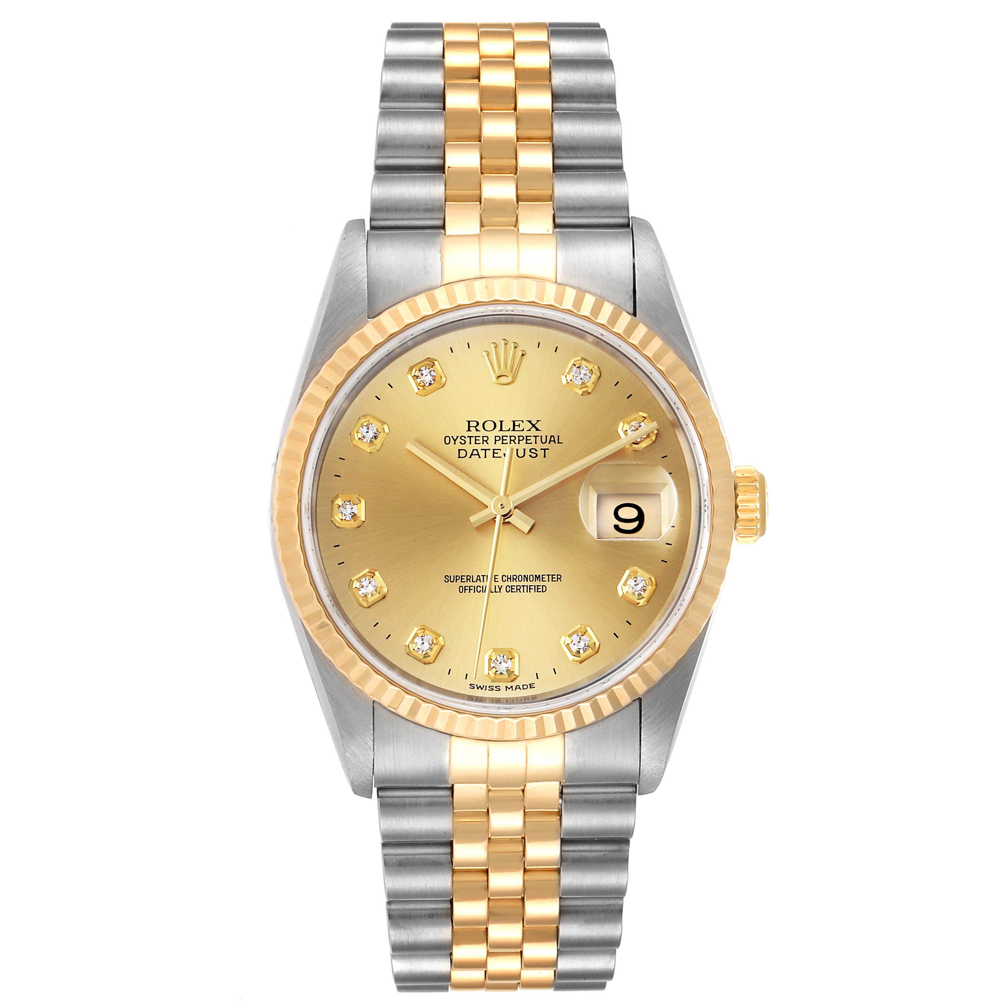 The image shows a front view of a Rolex Datejust 16233 Men's Steel and Gold (two tone) Champagne Dial 16233 Men's Steel and Gold (two tone) Champagne Dial watch with a gold and silver bracelet and a gold dial.