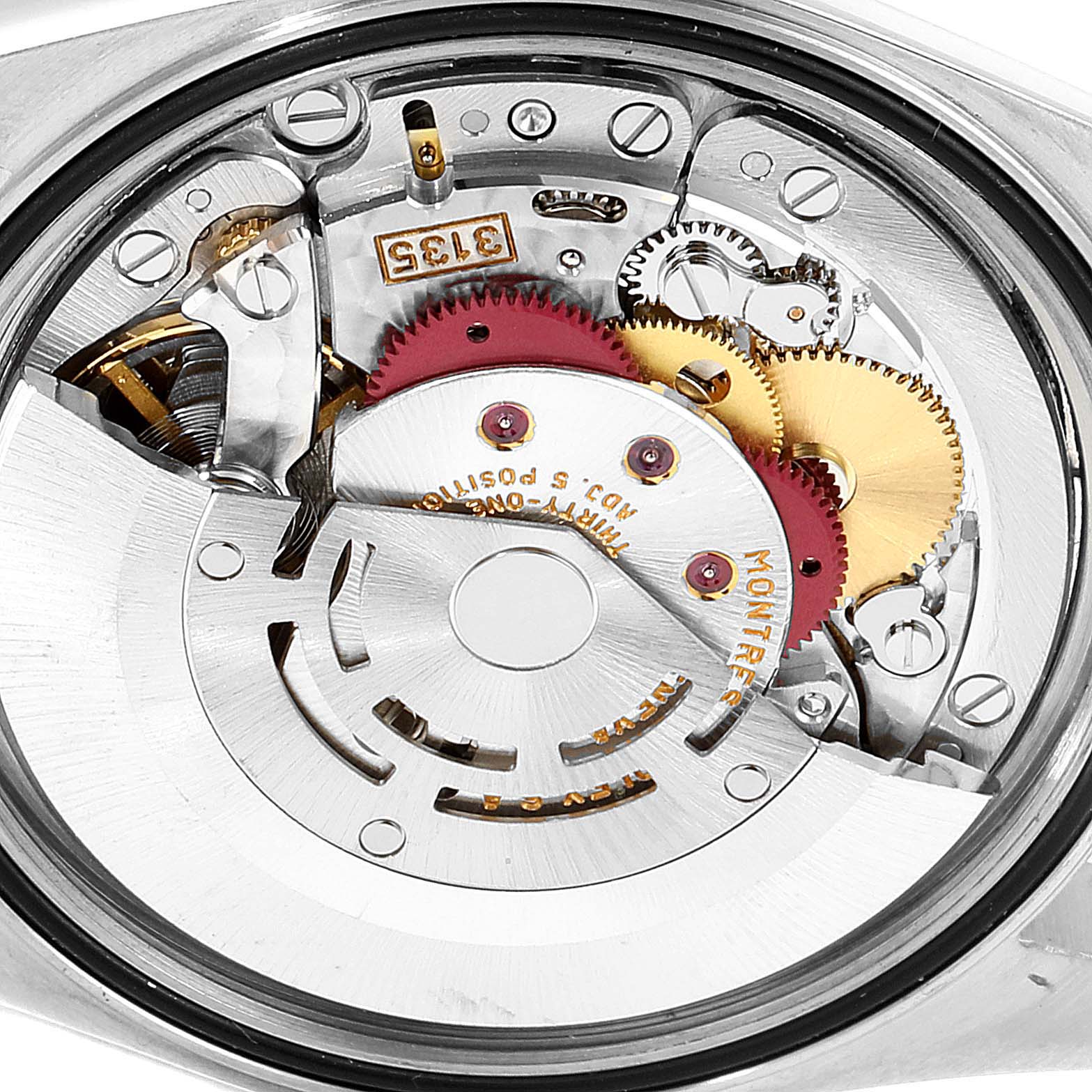 The image shows the internal mechanism and movement components of a Rolex Datejust 16233 Men's Steel and Gold (two tone) Champagne Dial 16233 Men's Steel and Gold (two tone) Champagne Dial watch from a close-up angle.