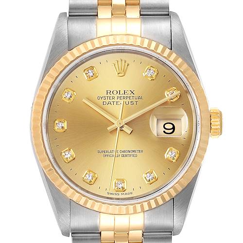 The image shows a frontal view of a Rolex Datejust watch, featuring a gold dial, diamond hour markers, and a two-tone bracelet.