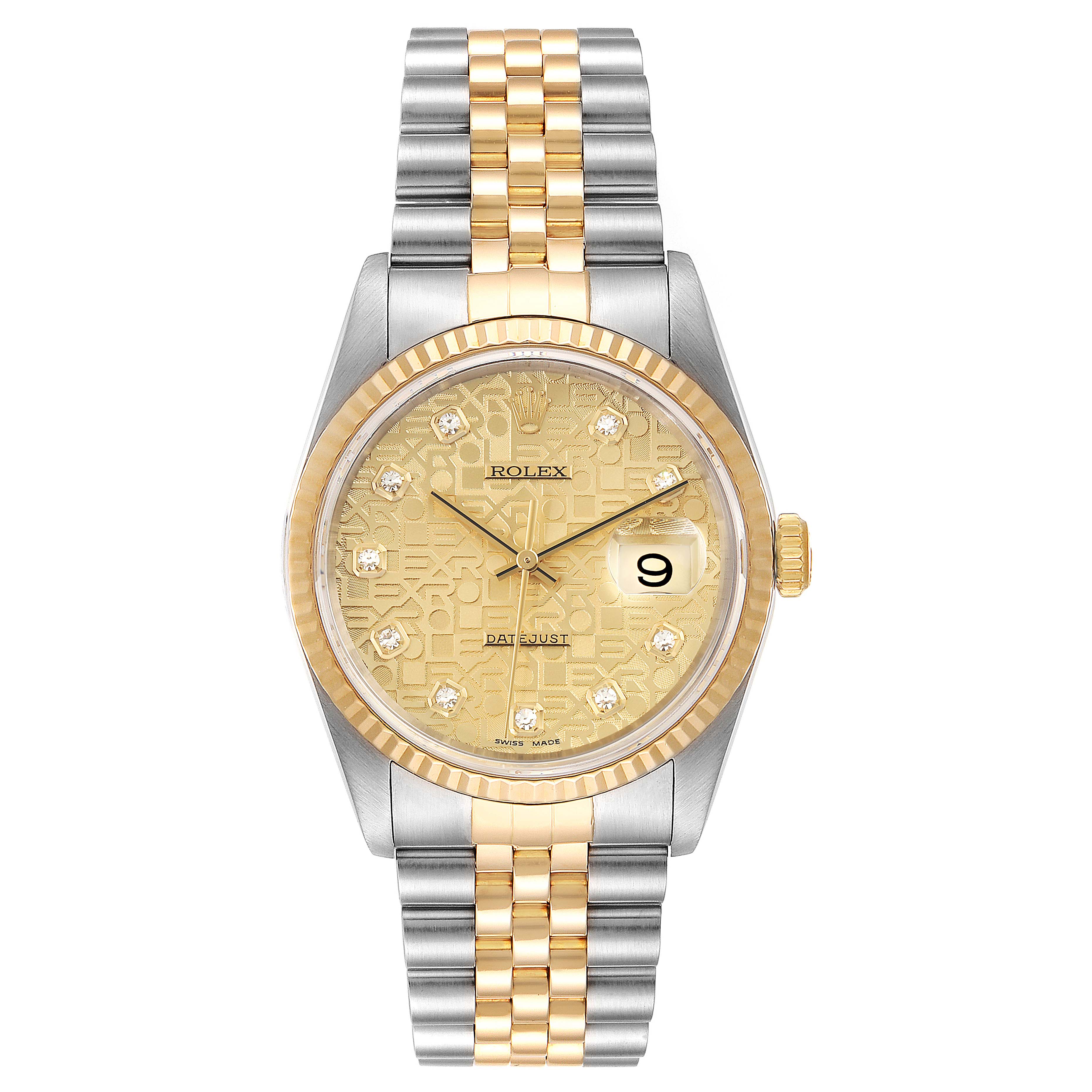This image shows the front view of a Rolex Datejust 16233 Men's Steel and Gold (two tone) Champagne Dial 16233 Men's Steel and Gold (two tone) Champagne Dial watch, highlighting its gold and silver bracelet and date feature.