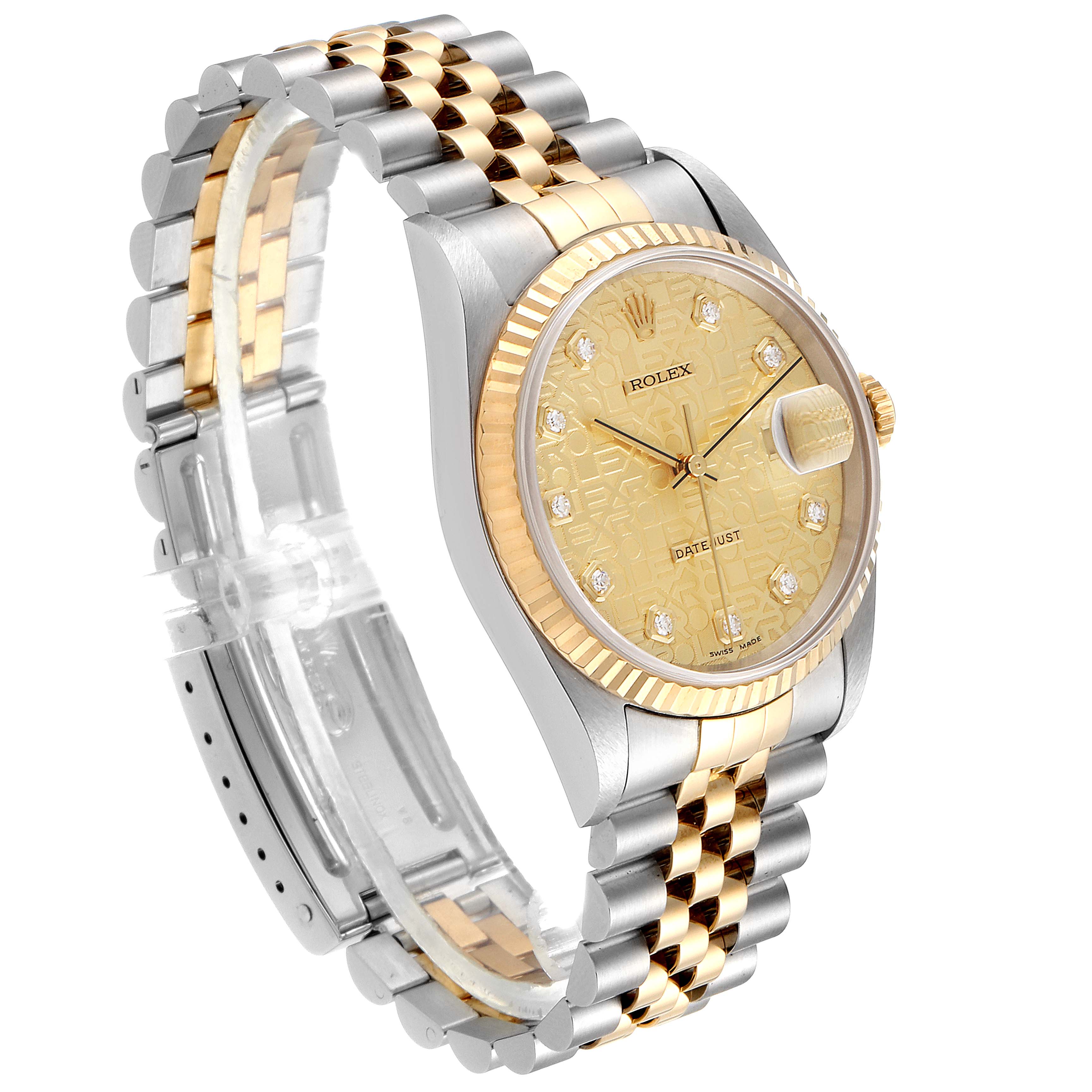 The image shows a Rolex Datejust 16233 Men's Steel and Gold (two tone) Champagne Dial 16233 Men's Steel and Gold (two tone) Champagne Dial watch at an angled side view, highlighting its dial, bezel, crown, and jubilee bracelet.