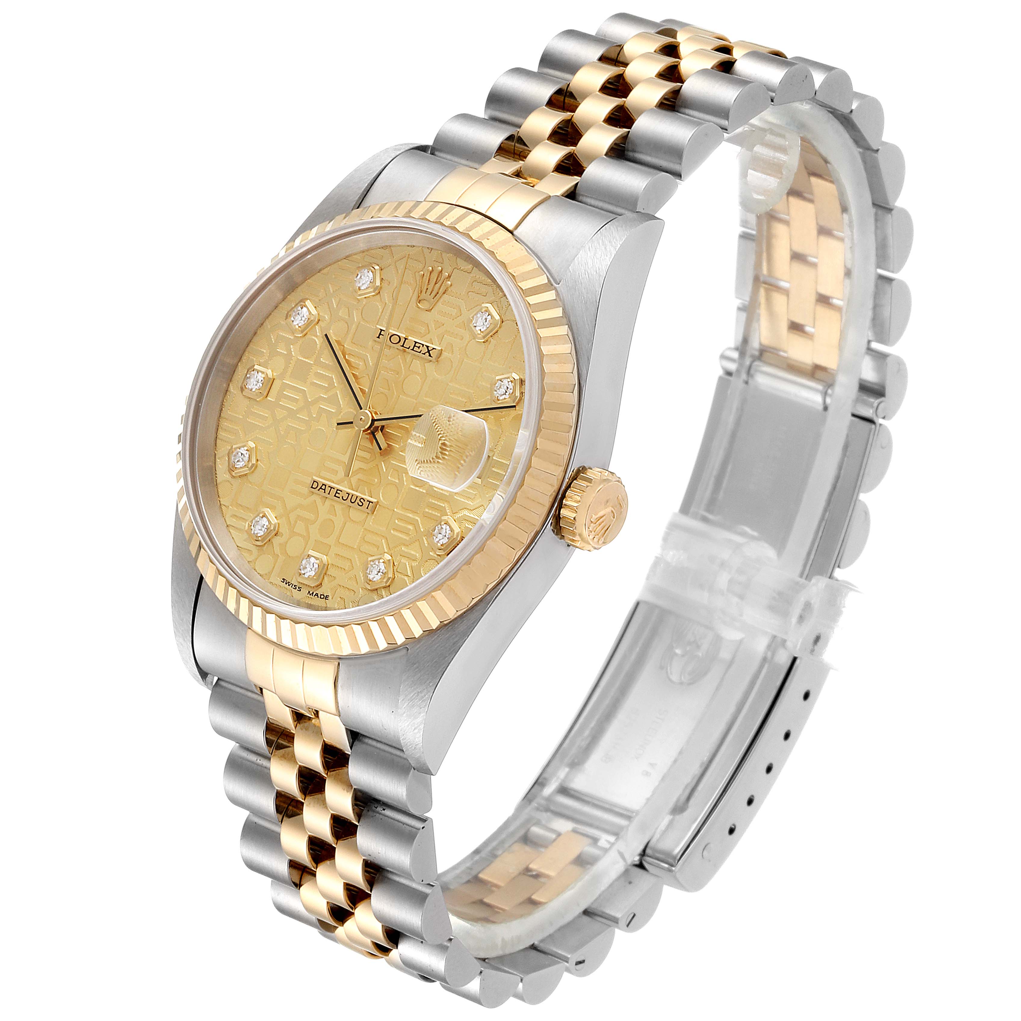 The Rolex Datejust 16233 Men's Steel and Gold (two tone) Champagne Dial 16233 Men's Steel and Gold (two tone) Champagne Dial watch is shown at a slight angle showcasing the face, crown, and two-tone metal bracelet.
