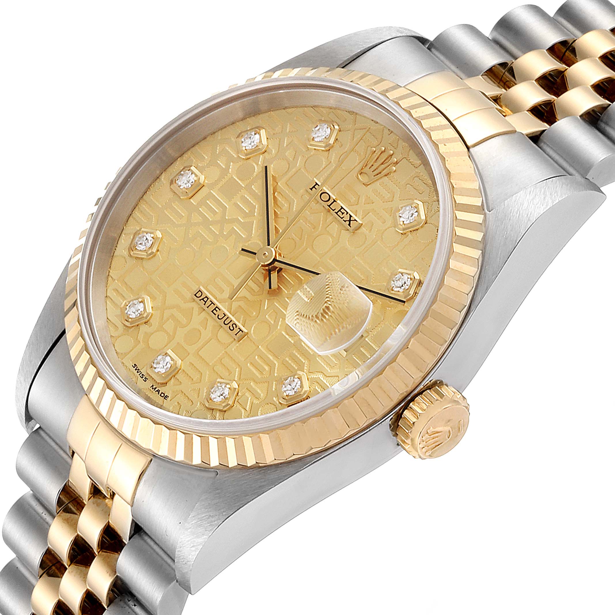 The image shows a close-up angled side view of a Rolex Datejust 16233 Men's Steel and Gold (two tone) Champagne Dial 16233 Men's Steel and Gold (two tone) Champagne Dial watch, highlighting its gold dial, bezel, and dual-tone bracelet.