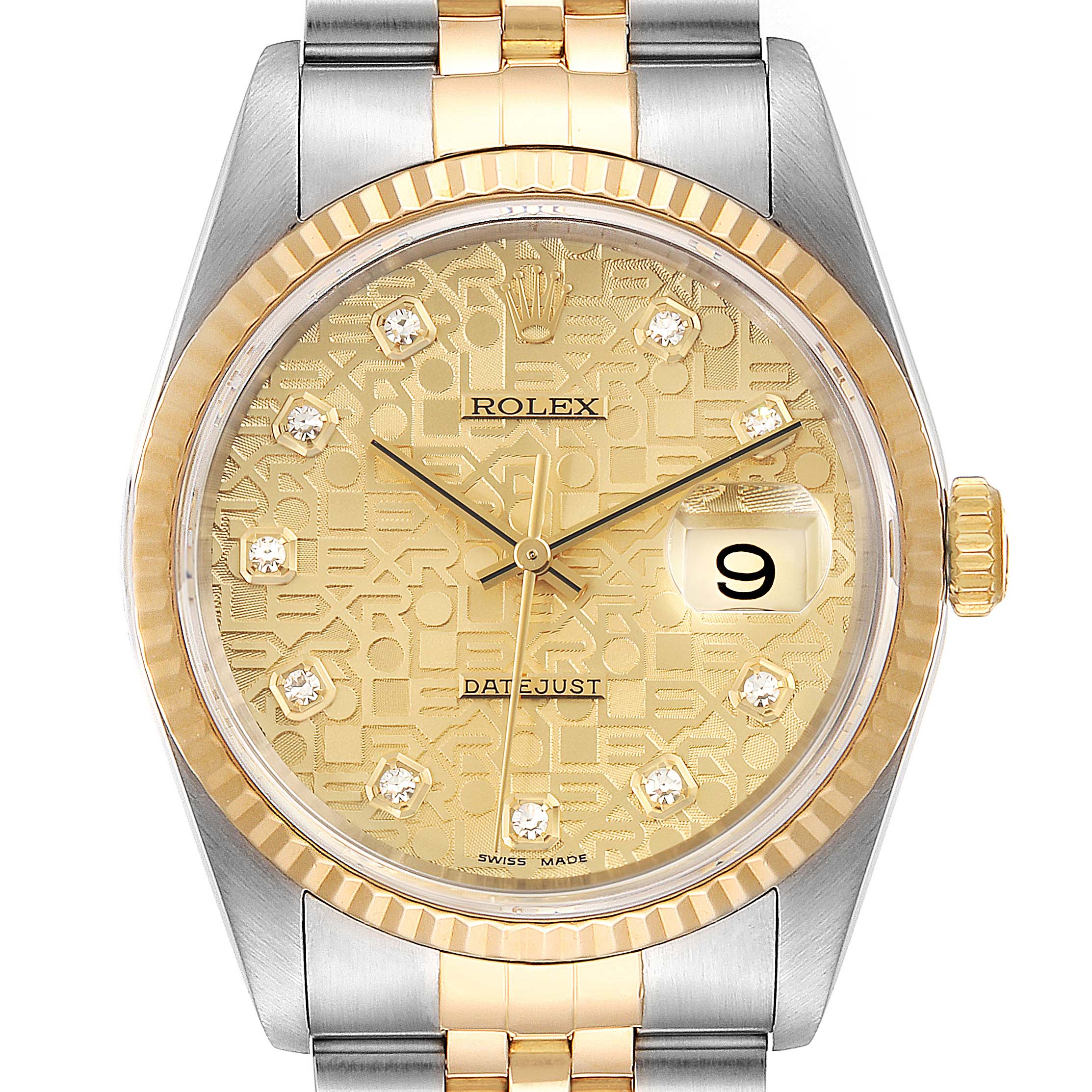 This image shows a frontal view of the Rolex Datejust 16233 Men's Steel and Gold (two tone) Champagne Dial 16233 Men's Steel and Gold (two tone) Champagne Dial watch, highlighting its gold dial, fluted bezel, and Jubilee bracelet.