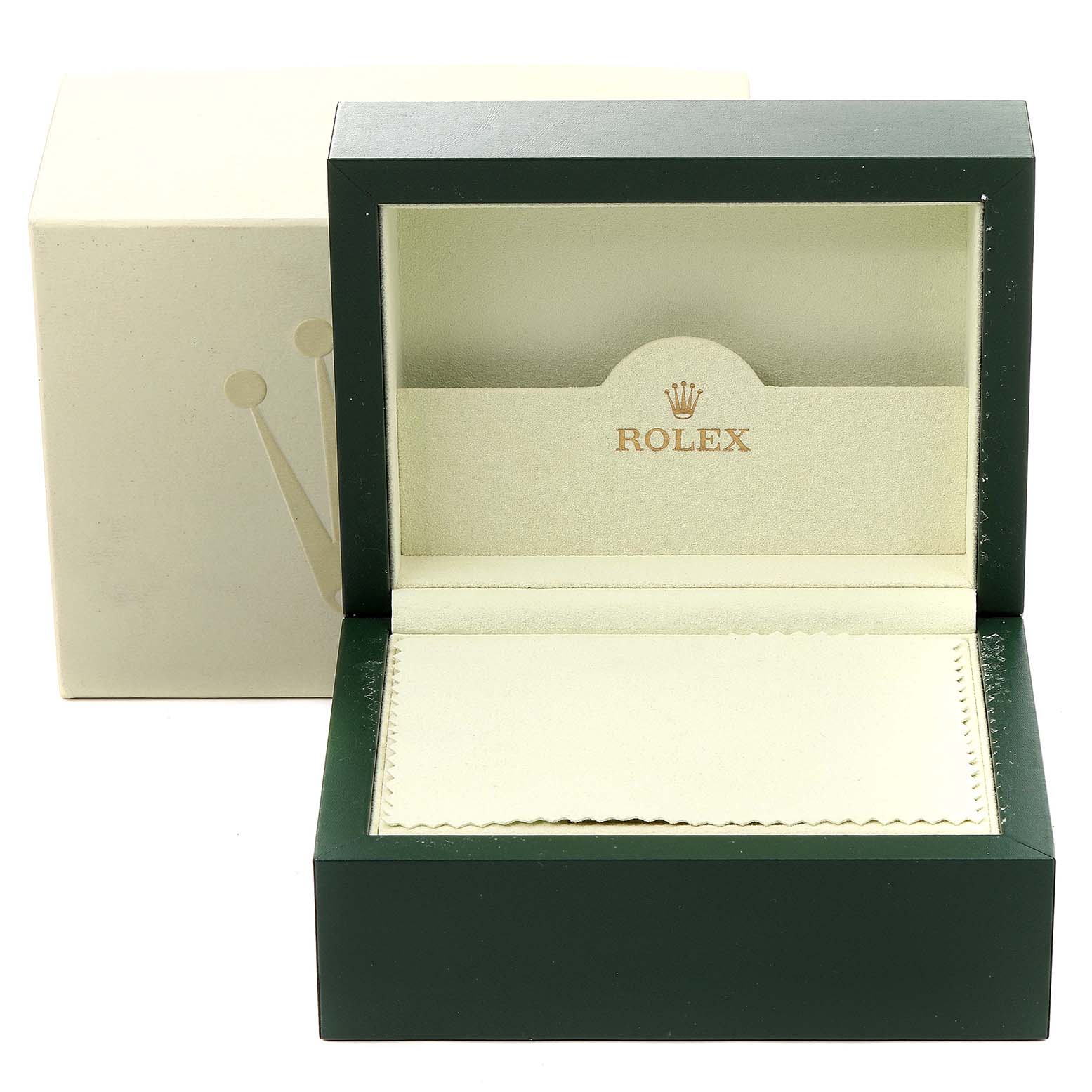 This image shows the packaging and a presentation box for a Rolex Datejust 179171 Women's Rose Gold Pink Dial 179171 Women's Rose Gold Pink Dial watch, with the lid open to reveal the interior.