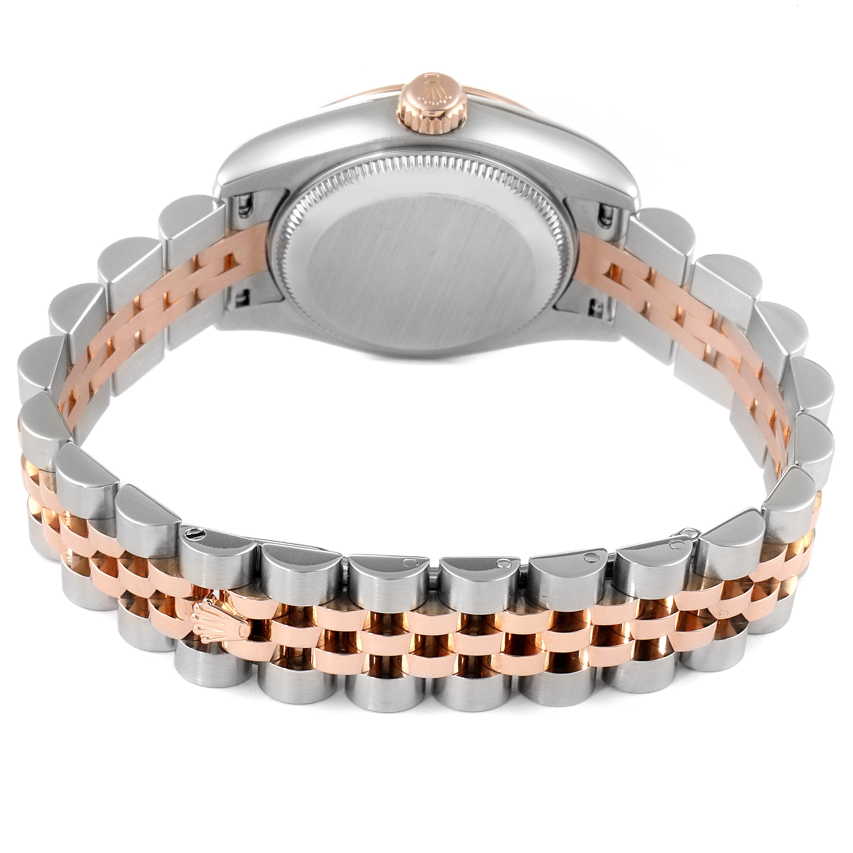 The image shows the back view of a Rolex Datejust 179171 Women's Rose Gold Pink Dial 179171 Women's Rose Gold Pink Dial watch, highlighting its case back, crown, and two-tone Jubilee bracelet.