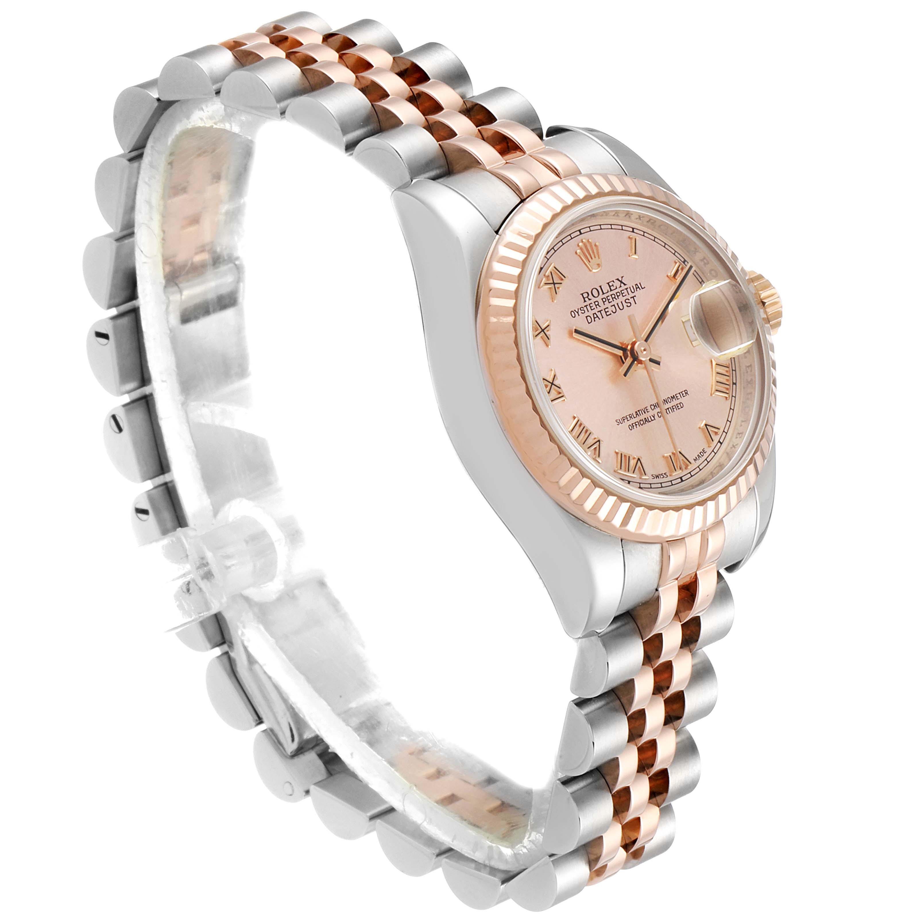 This image shows a Rolex Datejust 179171 Women's Rose Gold Pink Dial 179171 Women's Rose Gold Pink Dial watch from a side angle, highlighting the two-tone bracelet, dial, and fluted bezel.