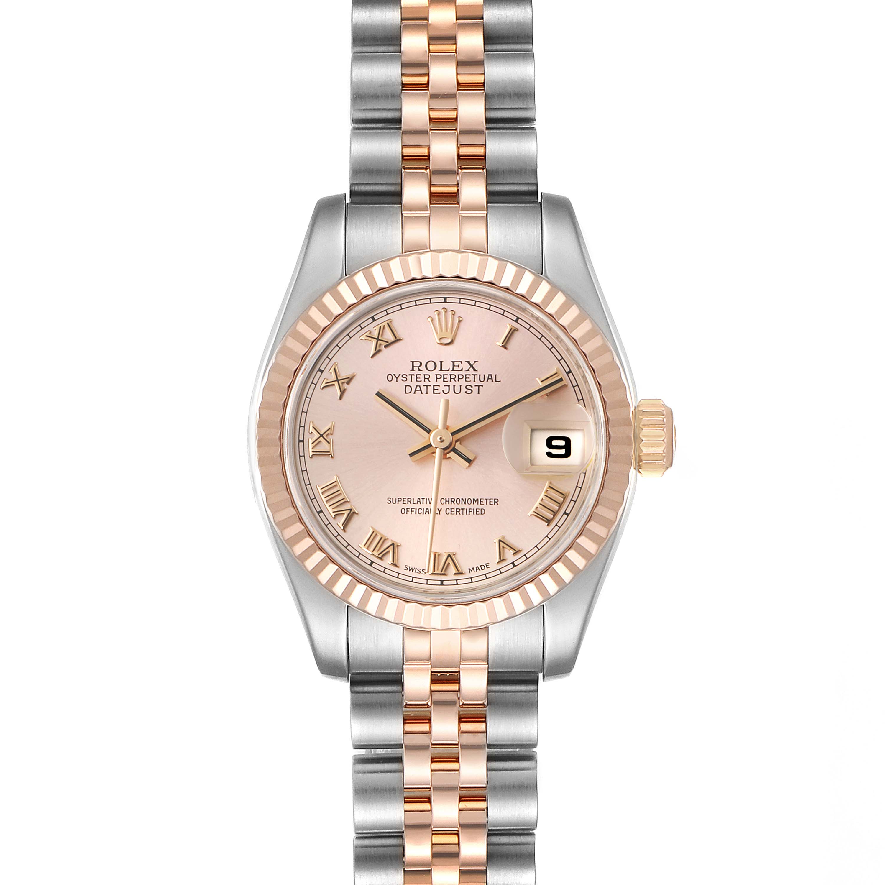The image shows a Rolex Datejust 179171 Women's Rose Gold Pink Dial 179171 Women's Rose Gold Pink Dial watch from a front angle, highlighting its face, bezel, and two-tone bracelet.