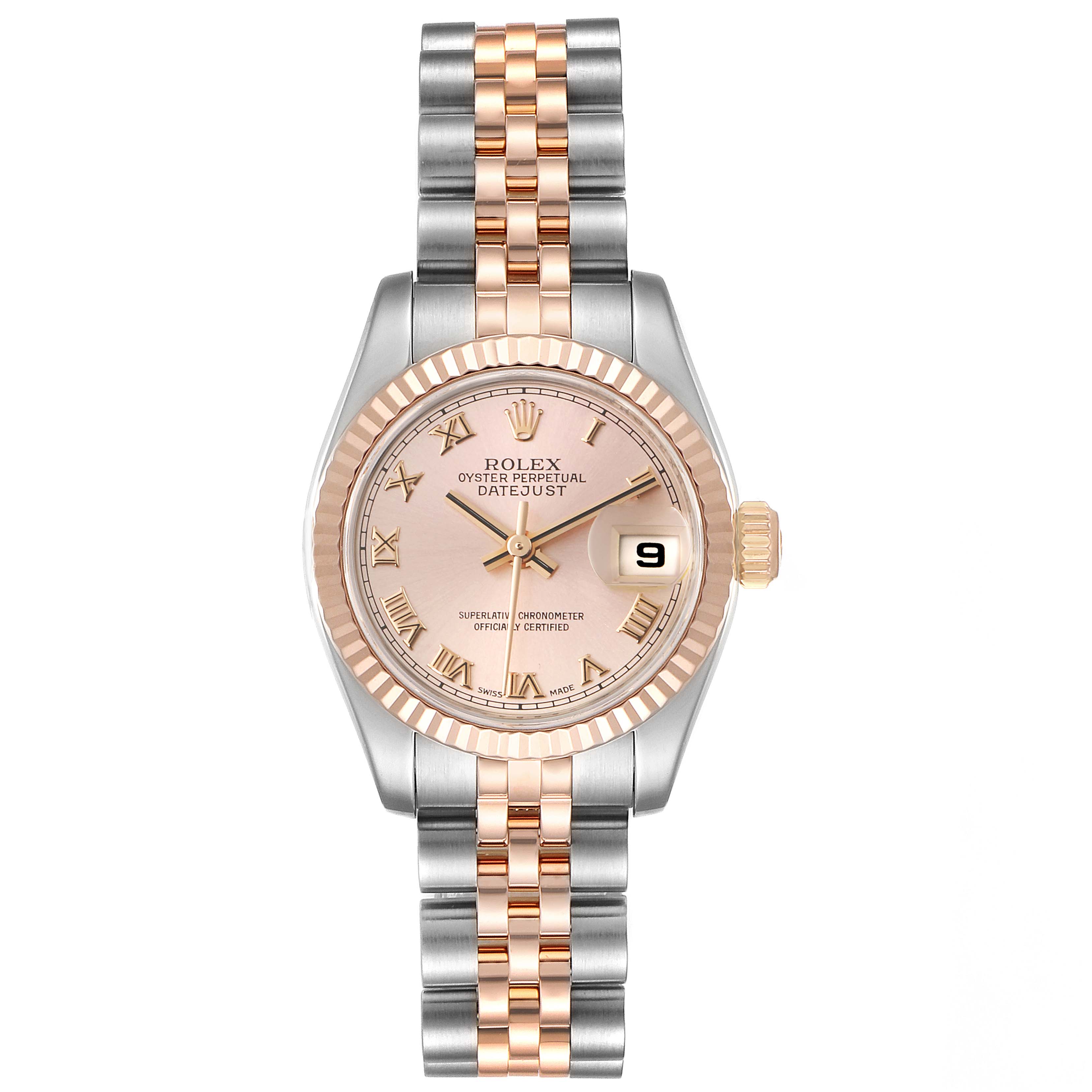 The image shows a front view of a Rolex Datejust 179171 Women's Rose Gold Pink Dial 179171 Women's Rose Gold Pink Dial watch, displaying the dial, fluted bezel, and two-tone jubilee bracelet.