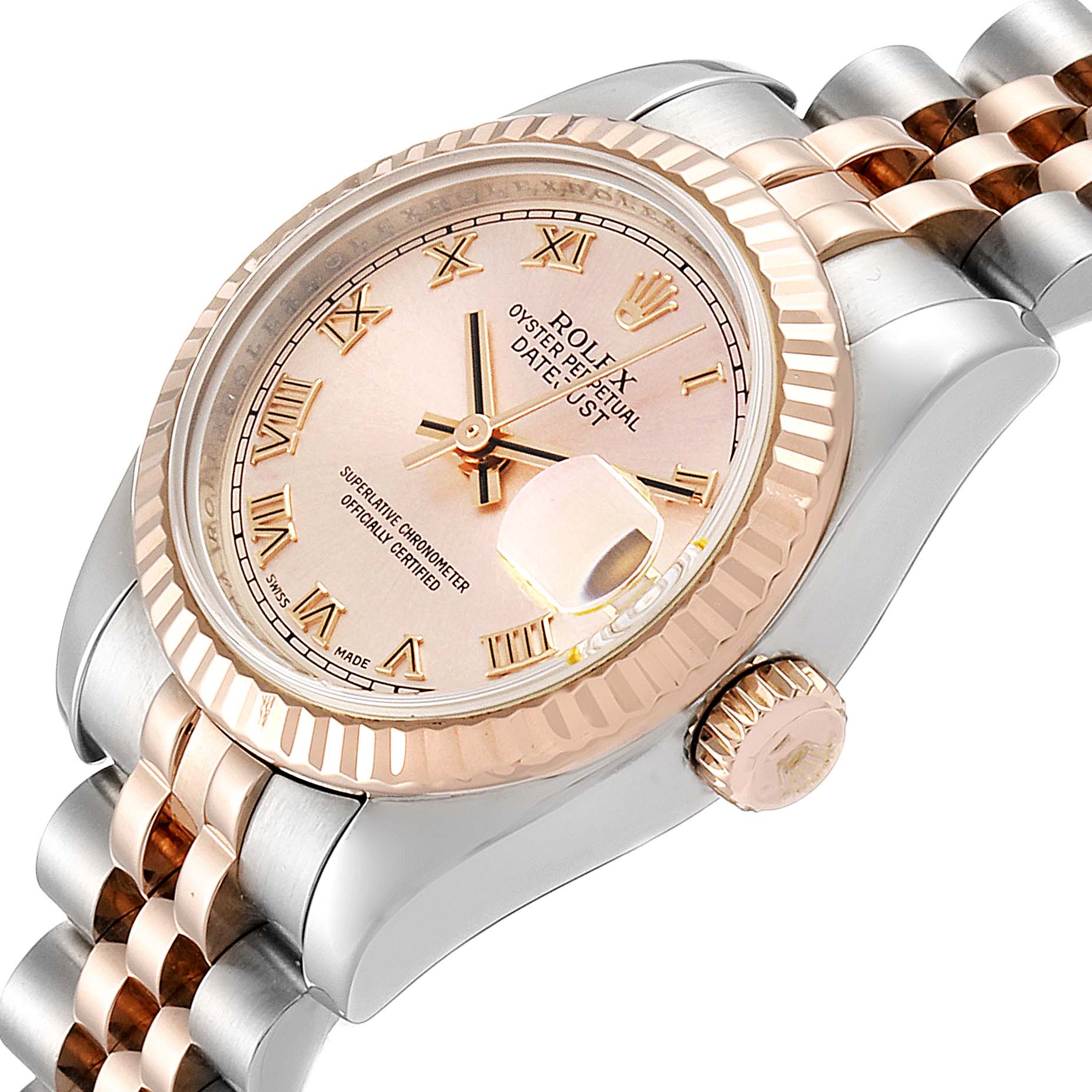 The Rolex Datejust 179171 Women's Rose Gold Pink Dial 179171 Women's Rose Gold Pink Dial watch is shown at an angled view, featuring its dial, fluted bezel, crown, and two-tone Jubilee bracelet.