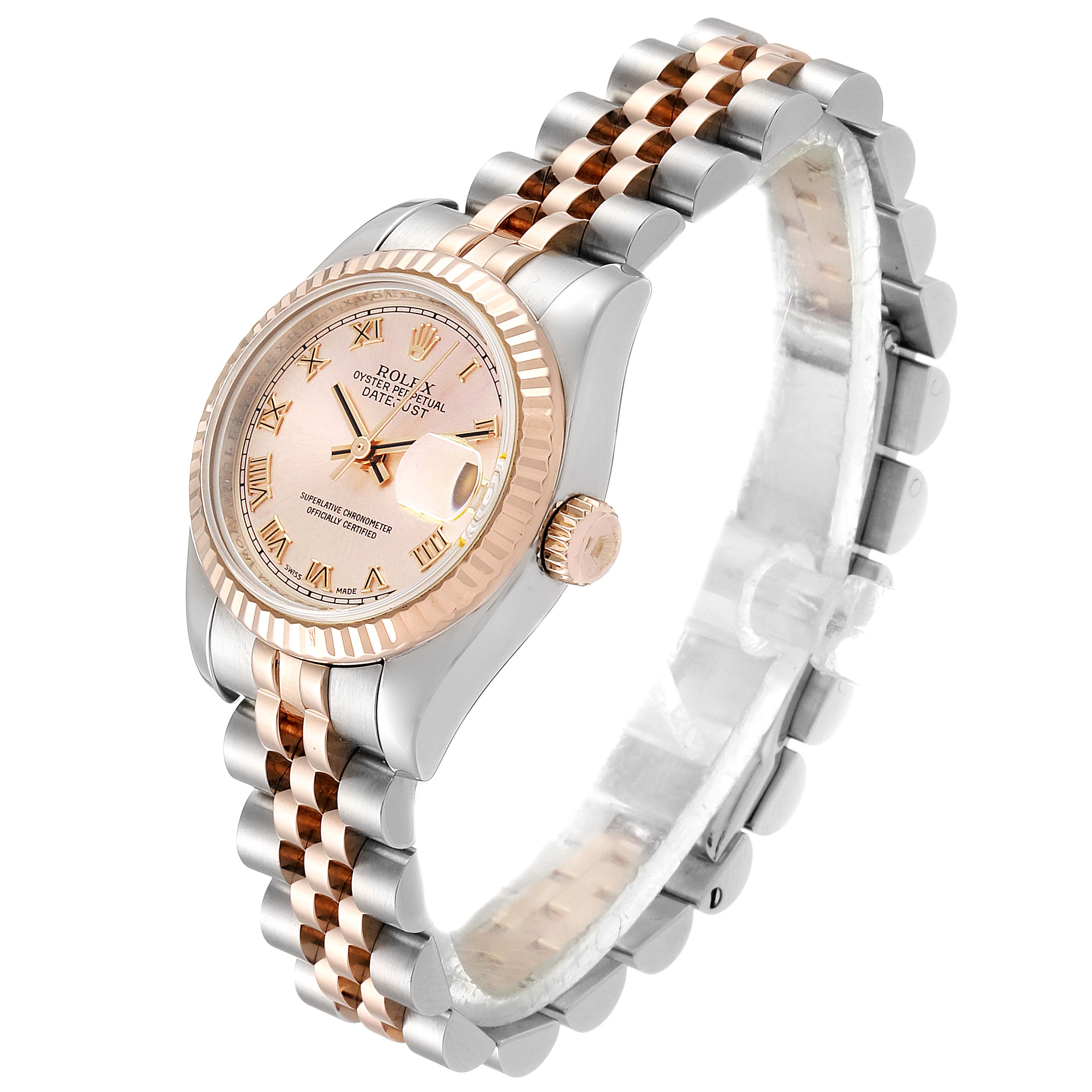 The image shows a side angle of a Rolex Datejust 179171 Women's Rose Gold Pink Dial 179171 Women's Rose Gold Pink Dial watch, highlighting its two-tone band and fluted bezel.