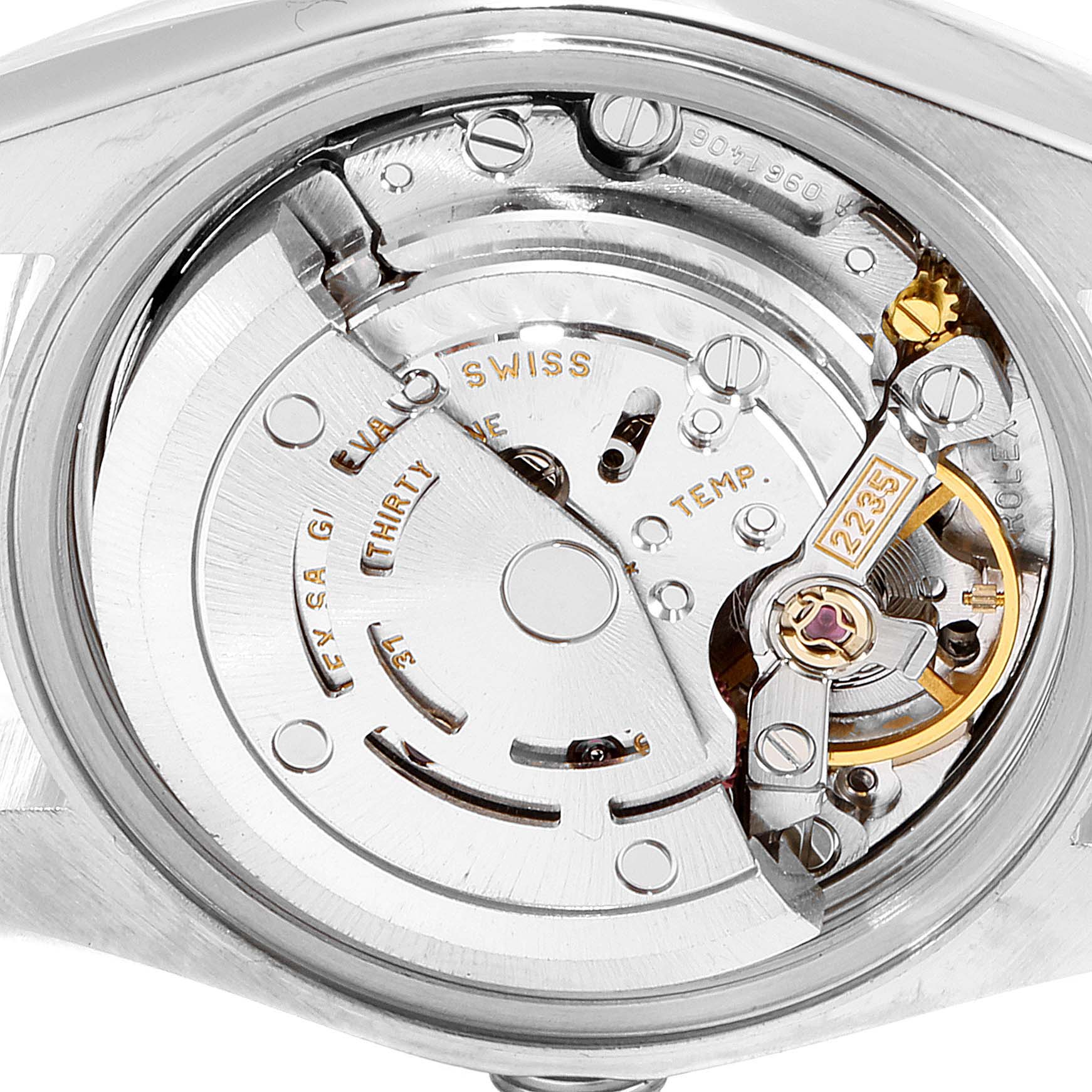 The image shows the internal movement mechanism of a Rolex Datejust 79174 Women's Stainless Steel Silver Dial 79174 Women's Stainless Steel Silver Dial watch, viewed from the back.