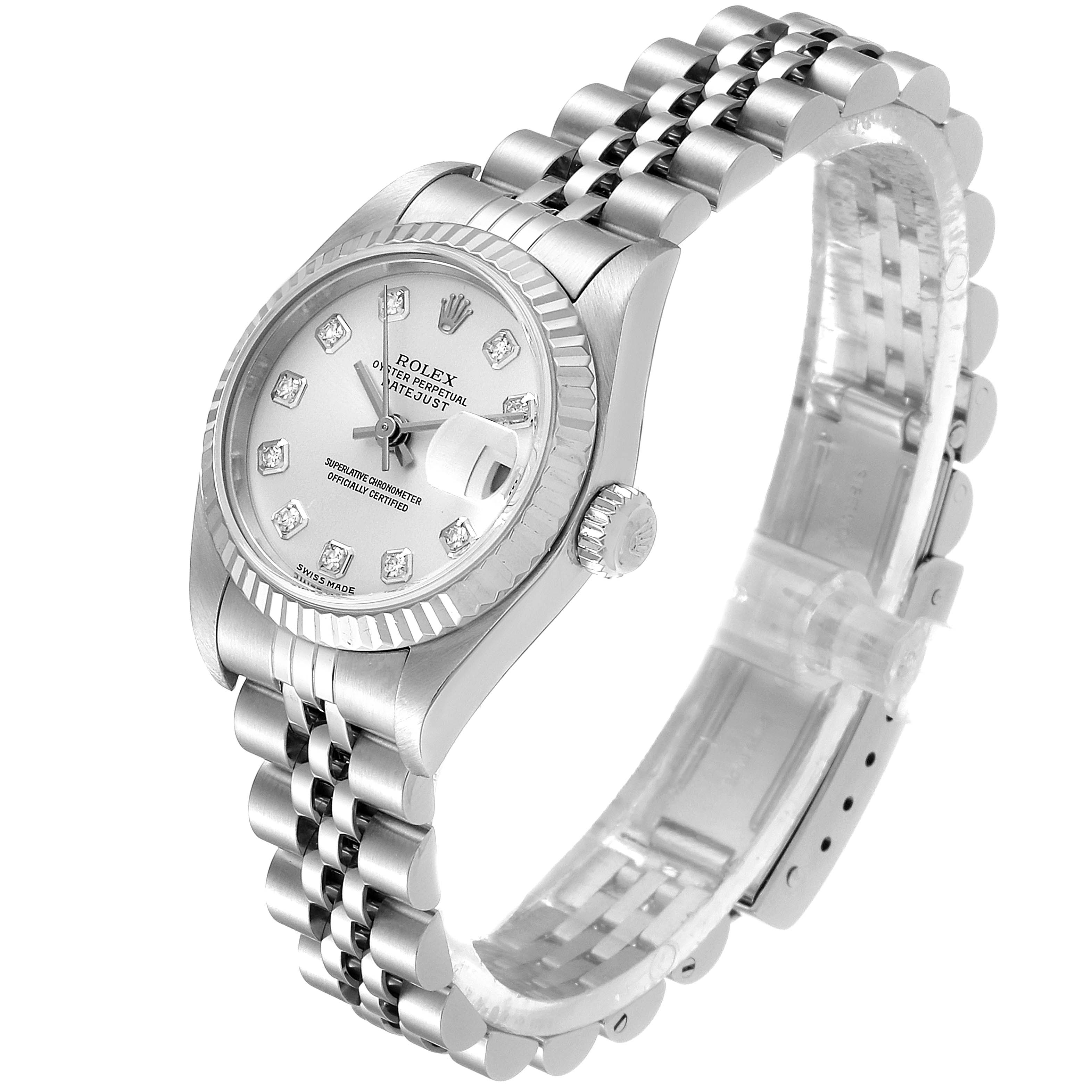 This image shows a Rolex Datejust 79174 Women's Stainless Steel Silver Dial 79174 Women's Stainless Steel Silver Dial watch at a three-quarter angle, highlighting the dial, bezel, crown, and Jubilee bracelet.