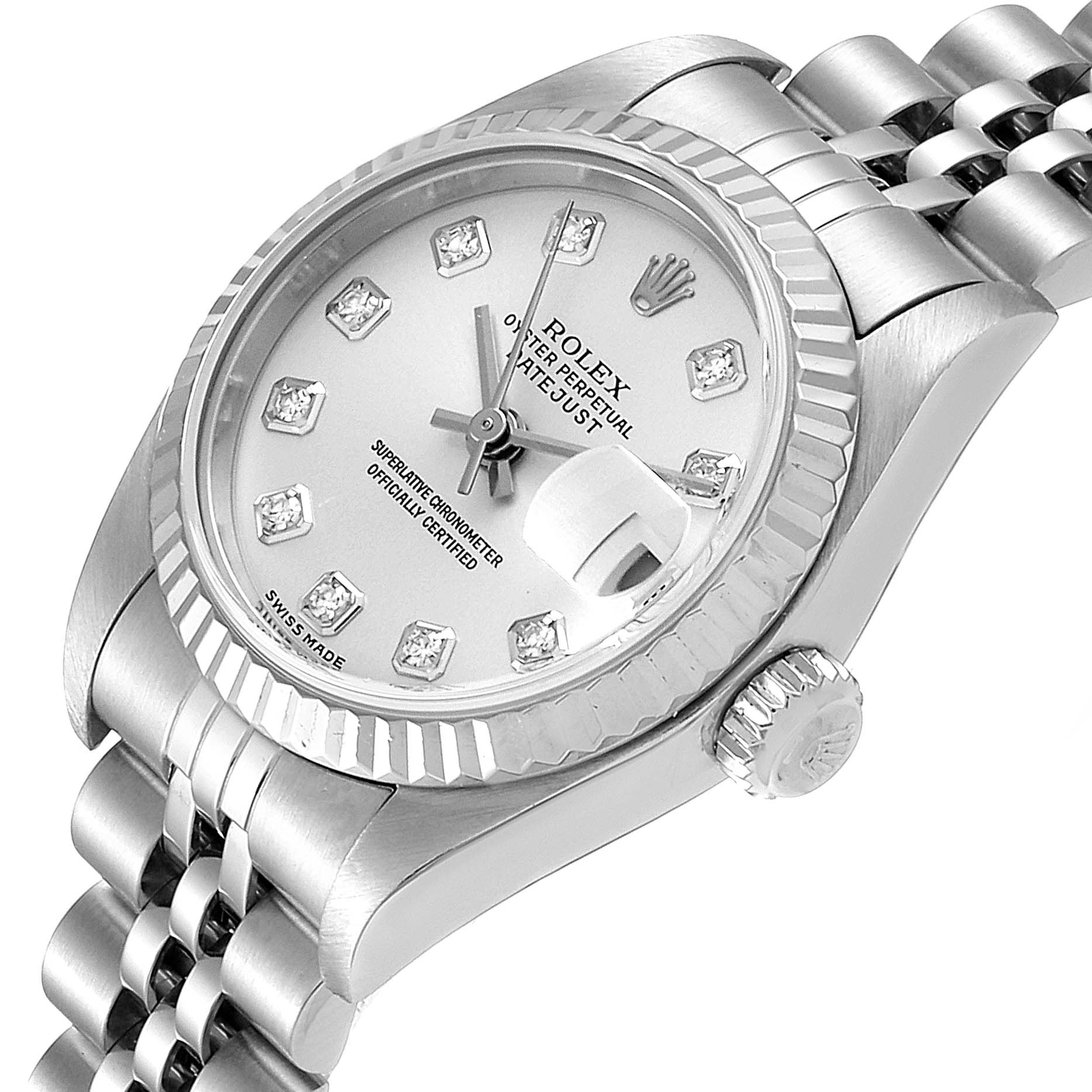 This image shows a close-up of the Rolex Datejust 79174 Women's Stainless Steel Silver Dial 79174 Women's Stainless Steel Silver Dial watch at an angle, highlighting the dial, bezel, crown, and part of the bracelet.